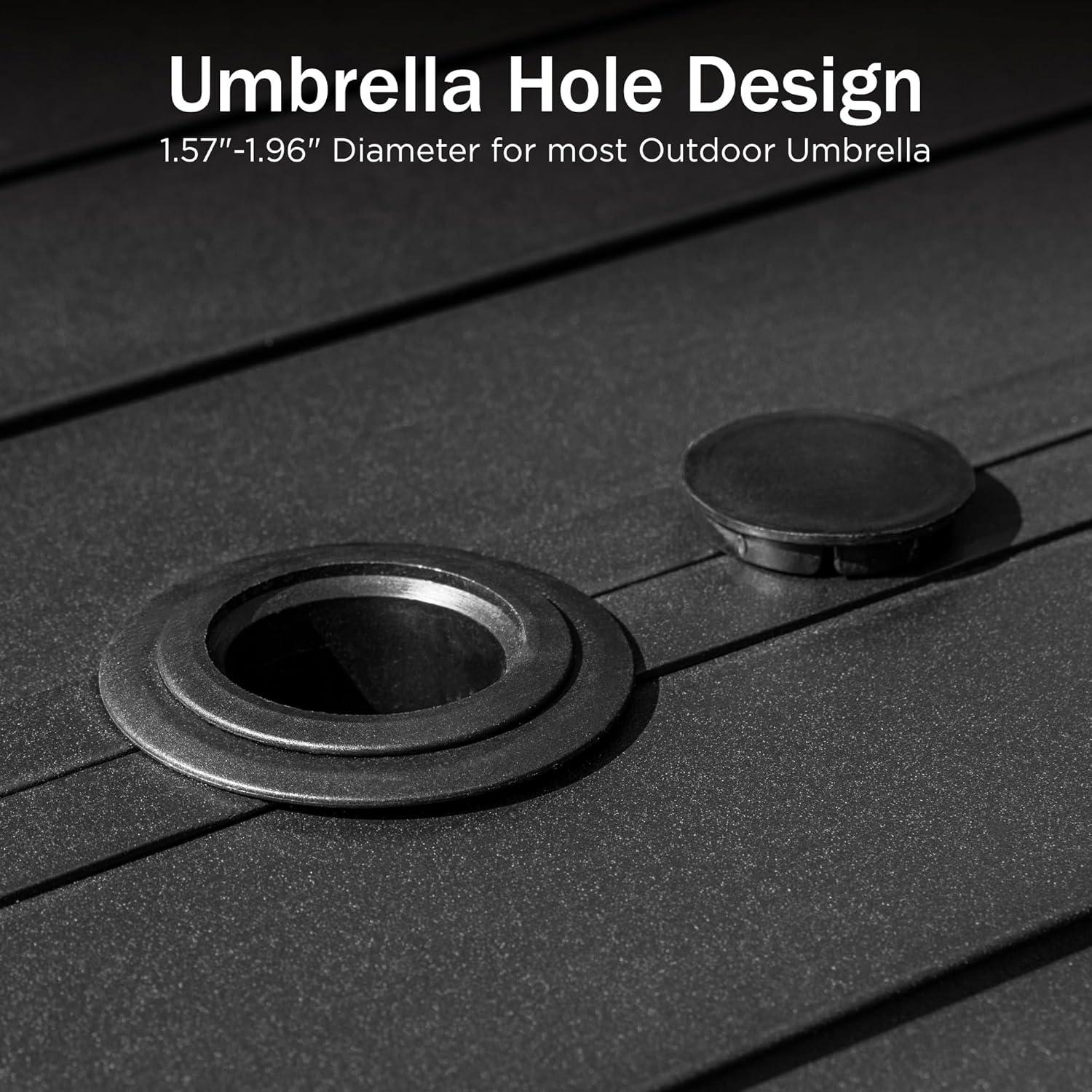 Black Steel Rectangular Outdoor Patio Bar Dining Table with Umbrella Hole