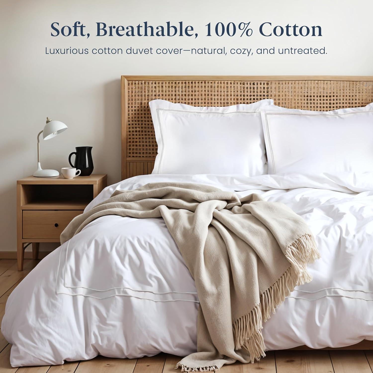 Ella Jayne Home Ella Jayne Cotton Duvet Cover with Satin Satin Stitching 3-Piece Set, White with White Satin Stitching