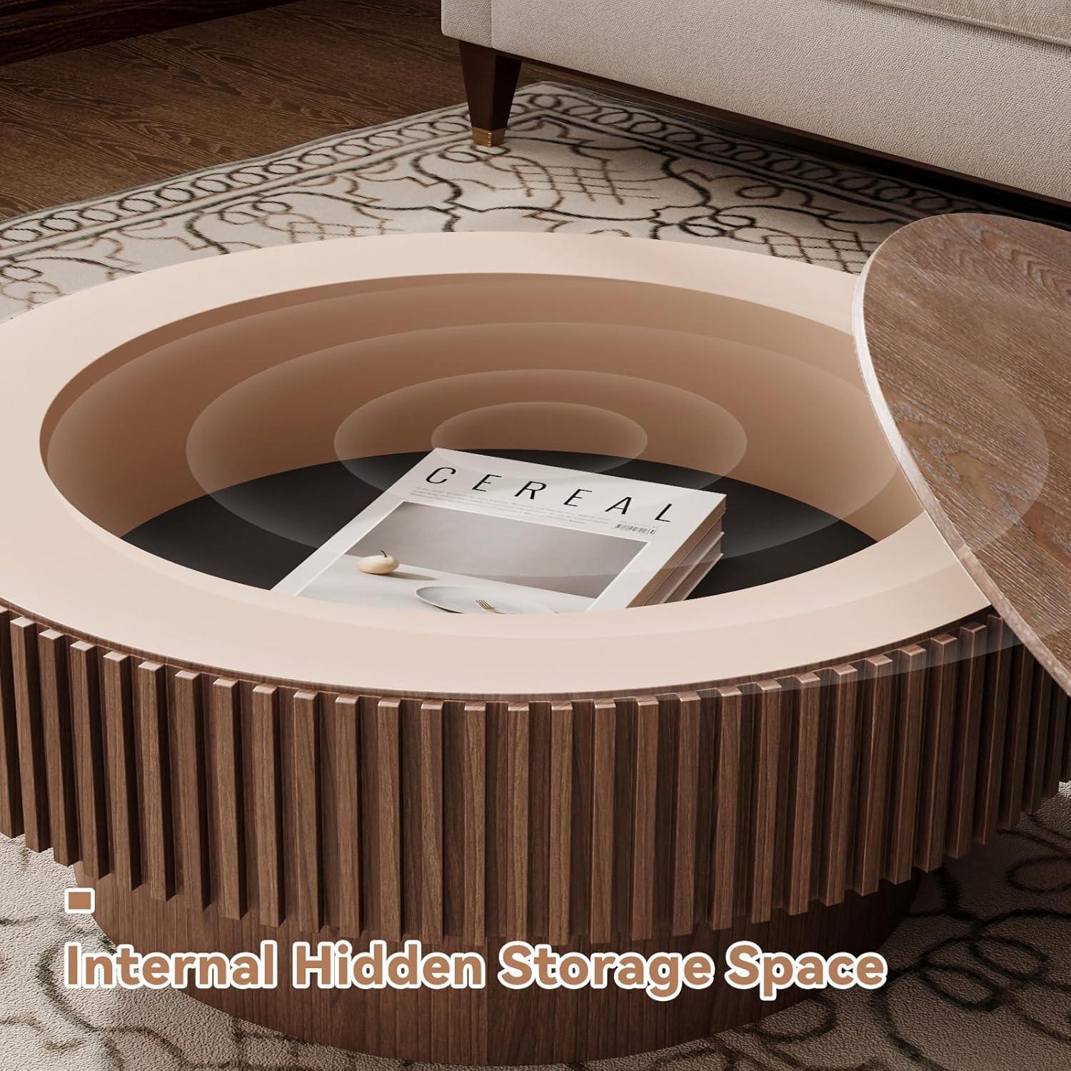 31.5" Round Wood Coffee Table with Storage - Modern Drum Circle Fluted Side Table for Apartment, Office - Easy Assembly, Walnut