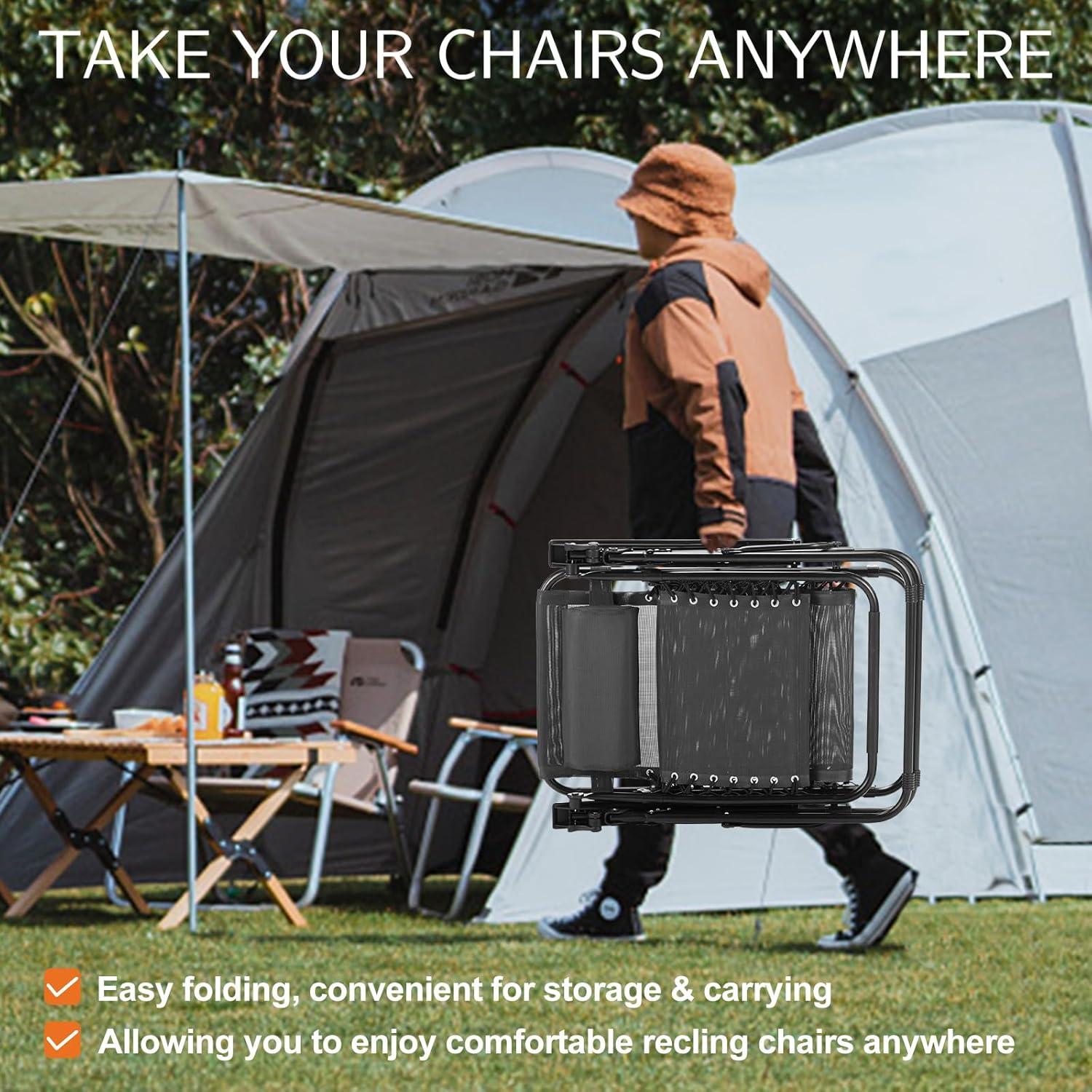 Zero Gravity Chairs, Set of 2 Portable Recliner Beach Camping Patio Outdoor Folding Lounge Chair with Cup Holder Trays and Adjustable Pillow for Poolside, Garden, Backyard, Lawn (Black)