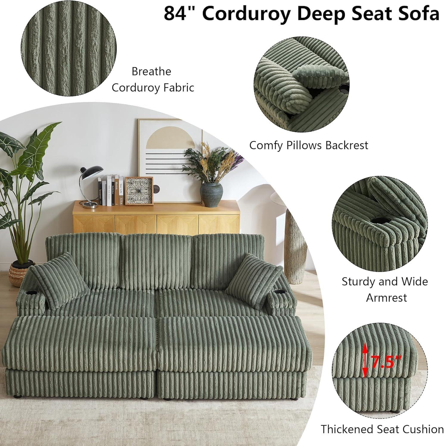 Latitude Run® 84 Corduroy 3-Seater Sofa With 3 Back Pillows ,2 Toss Pillows , A Ottoman ,2Storage Spaces And Cup-Holding Grooves Comfy Sofa- Deep Seat Couch