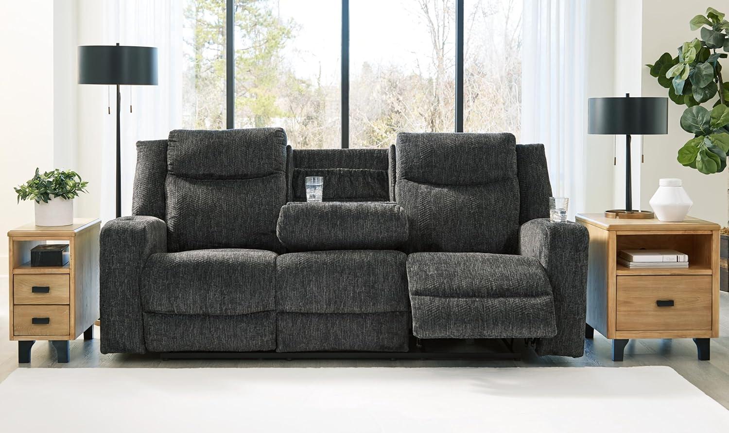 Modern Black Velvet 87'' Reclining Sofa with Storage and Cup Holder