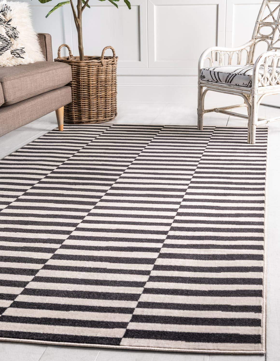 Black and Ivory Striped Synthetic 4' x 6' Area Rug