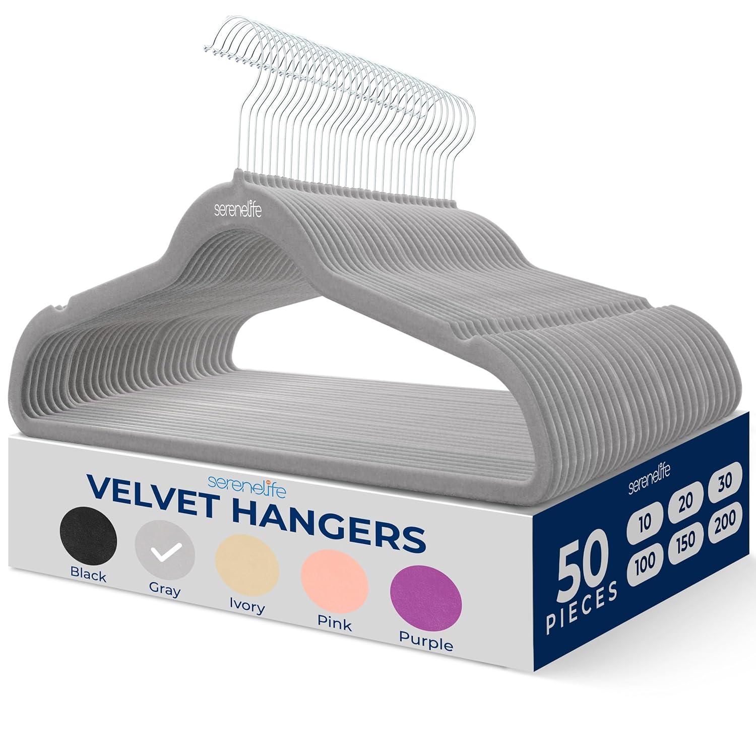 SereneLife 50pk Non-Slip Velvet Clothes Hangers - Gray