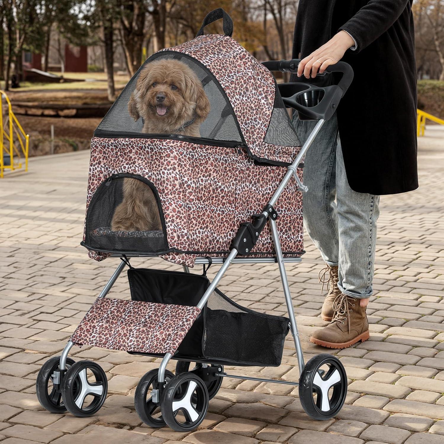 MoNiBloom Folding Pet Stroller, Foldable Dog Jogger Stroller with Detachable Carrier, Basket and Cup Holder