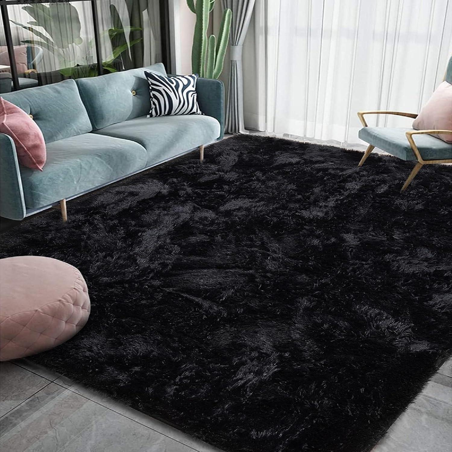 YJ.GWL Soft Fluffy Area Rugs for Bedroom Shaggy Living Room Rug Carpets for Bedroom Home Decor,4'x6',Black