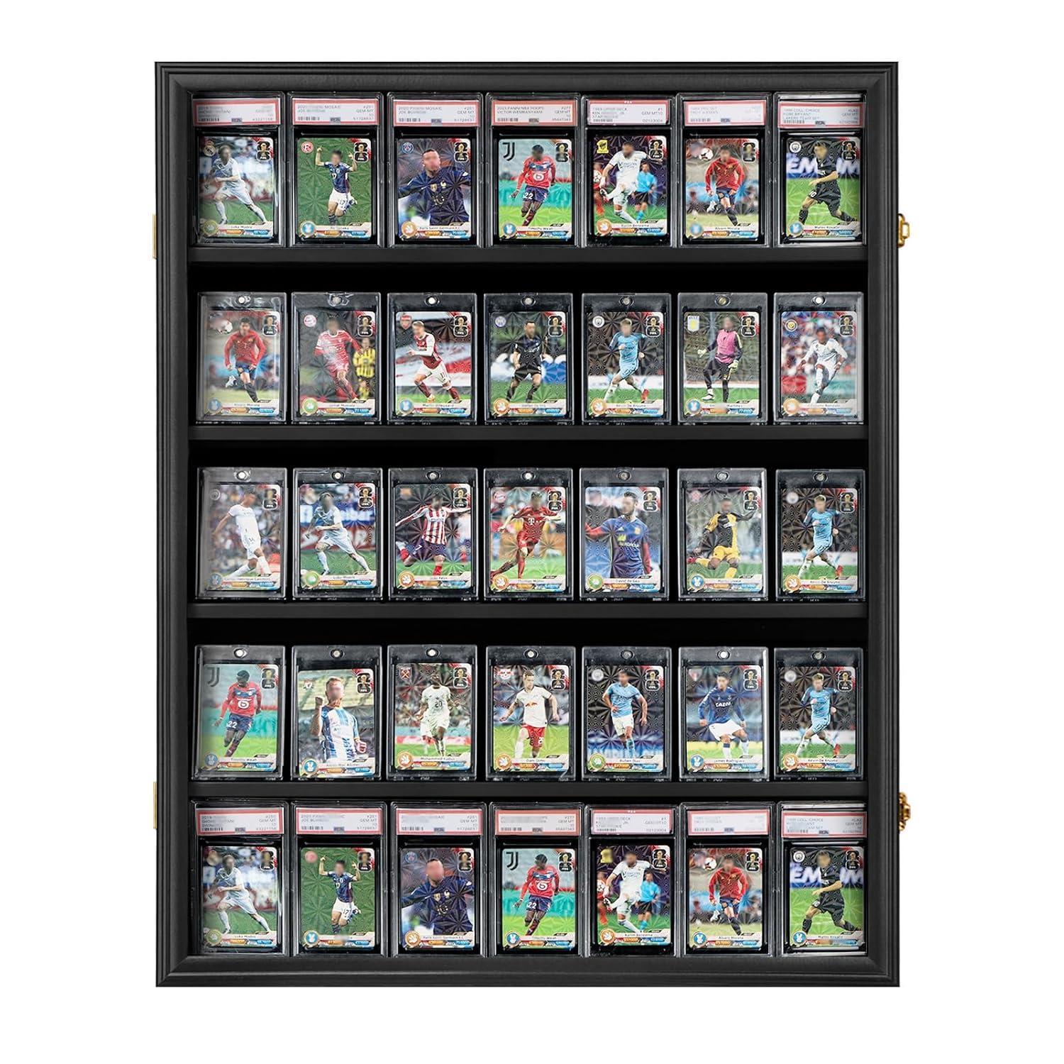 Estuche para Exhibición de Tarjetas Deportivas de 35 Grados: Marco de Exhibición de Tarjetas de Béisbol con Protección UV Gabinete de Pared con Cerradura Transparente para Tarjetas Coleccionables de Baloncesto Negro Vertical