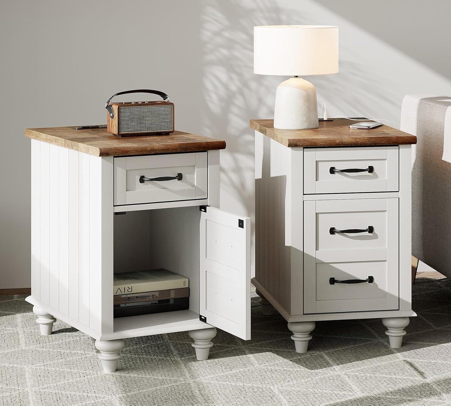 WAMPAT 2 Pack End Tables with Charging Station, Farmhouse Side Table with Drawer & Storage Cabinet, White Nightstand with Power Outlets & USB Ports for Living Room, Bedroom