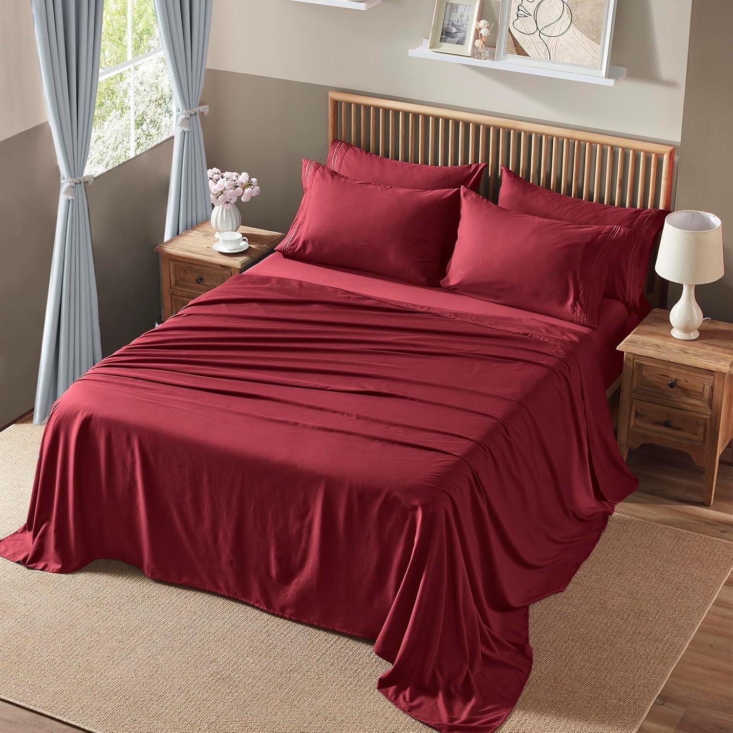 Solid 6 Piece Sheet Set - Ultra Soft - Becky Cameron (Extra Pillow Cases!), Burgundy, King