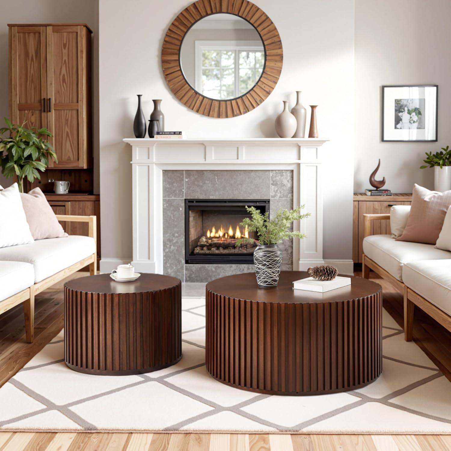 Handcraft Round Coffee Table Set of 2,Brown Nesting Side Table End Table,Modern Drum Side Table for Small Space,Living Room,Office,Bedroom-Cuddlewood