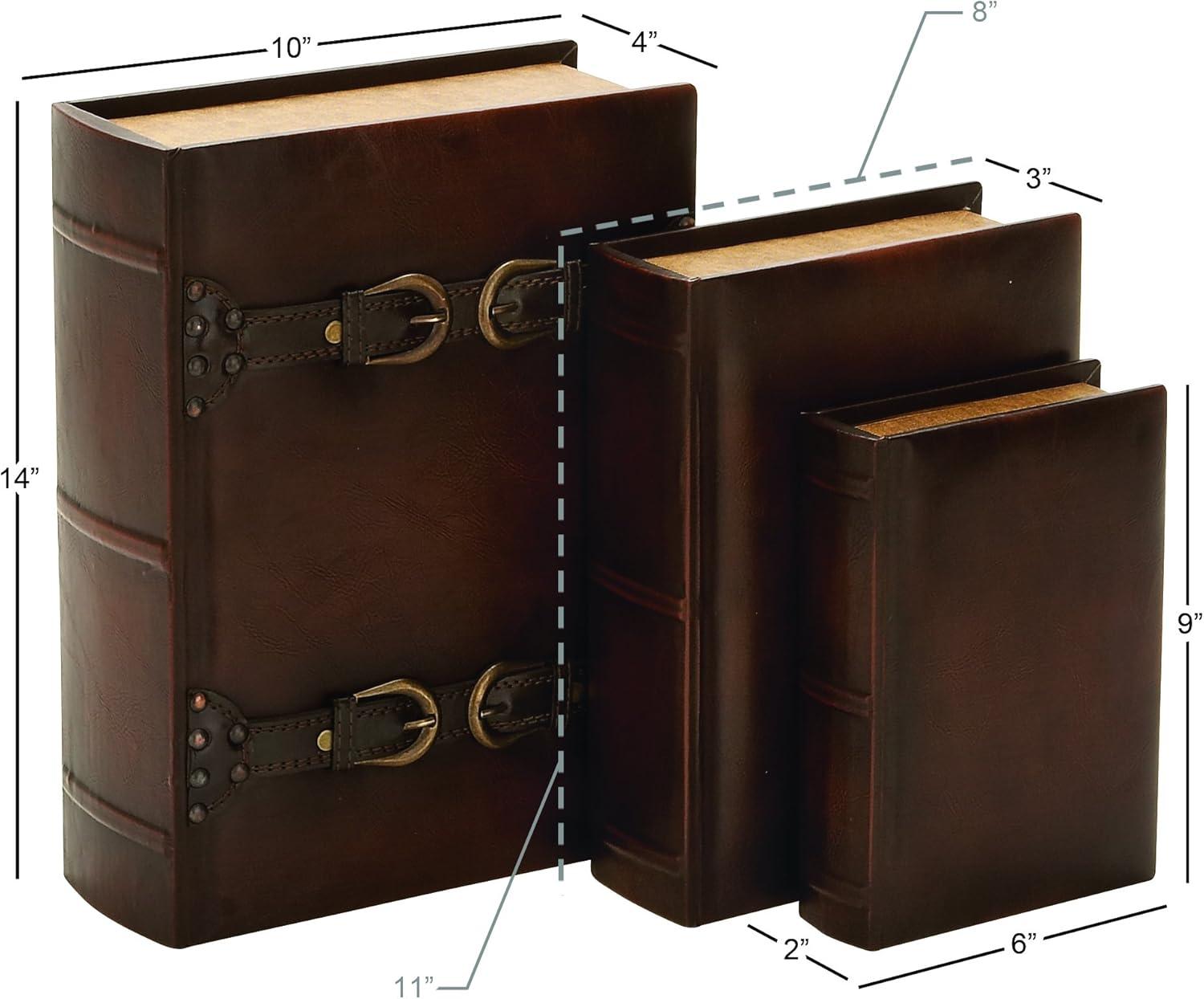DecMode Vintage Faux Book Storage Dark Brown Faux Leather Decorative Box with Gold Buckle Accents, 3 Count