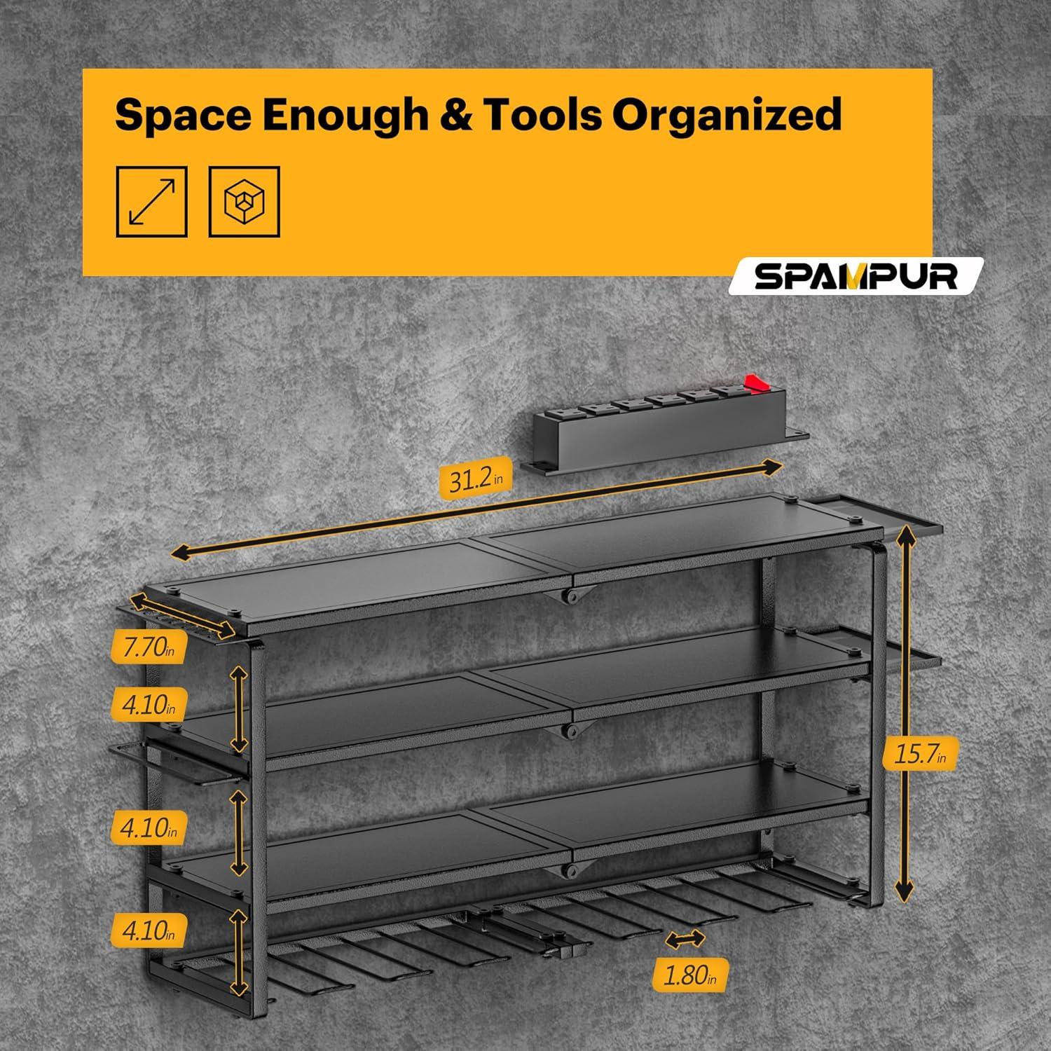 UNIVERSAL WINDOW SOLUTIONS Power Tool Organizer With Charging Station, 8 Drill Holder Wall Mount, 4 Layer Storage Rack For Garage Storage, Heavy Duty Utility Racks, Tool Battery Shelf With 6 Outlet Power Strip