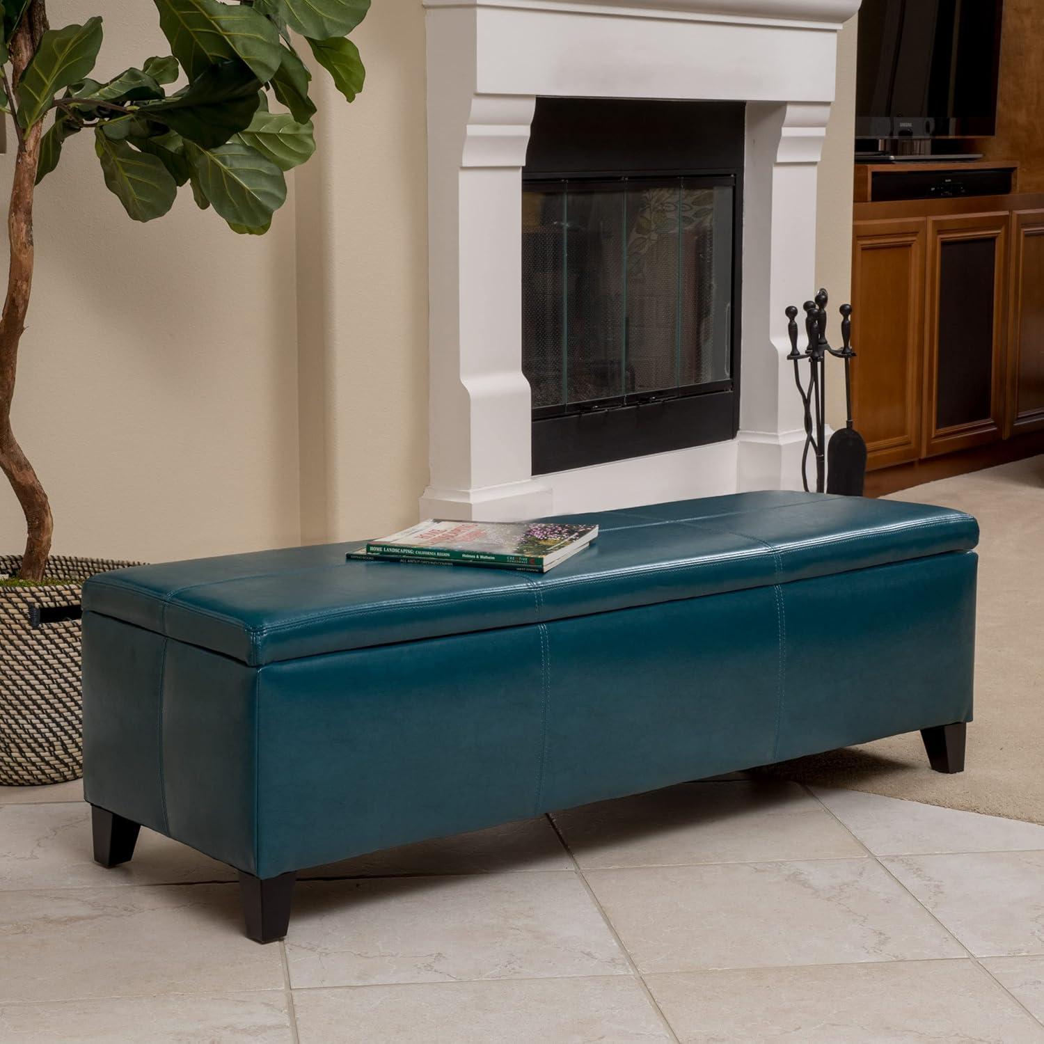Lucinda Faux Leather Storage Ottoman Bench Teal - Christopher Knight Home: Solid Wood, Rectangular, Padded