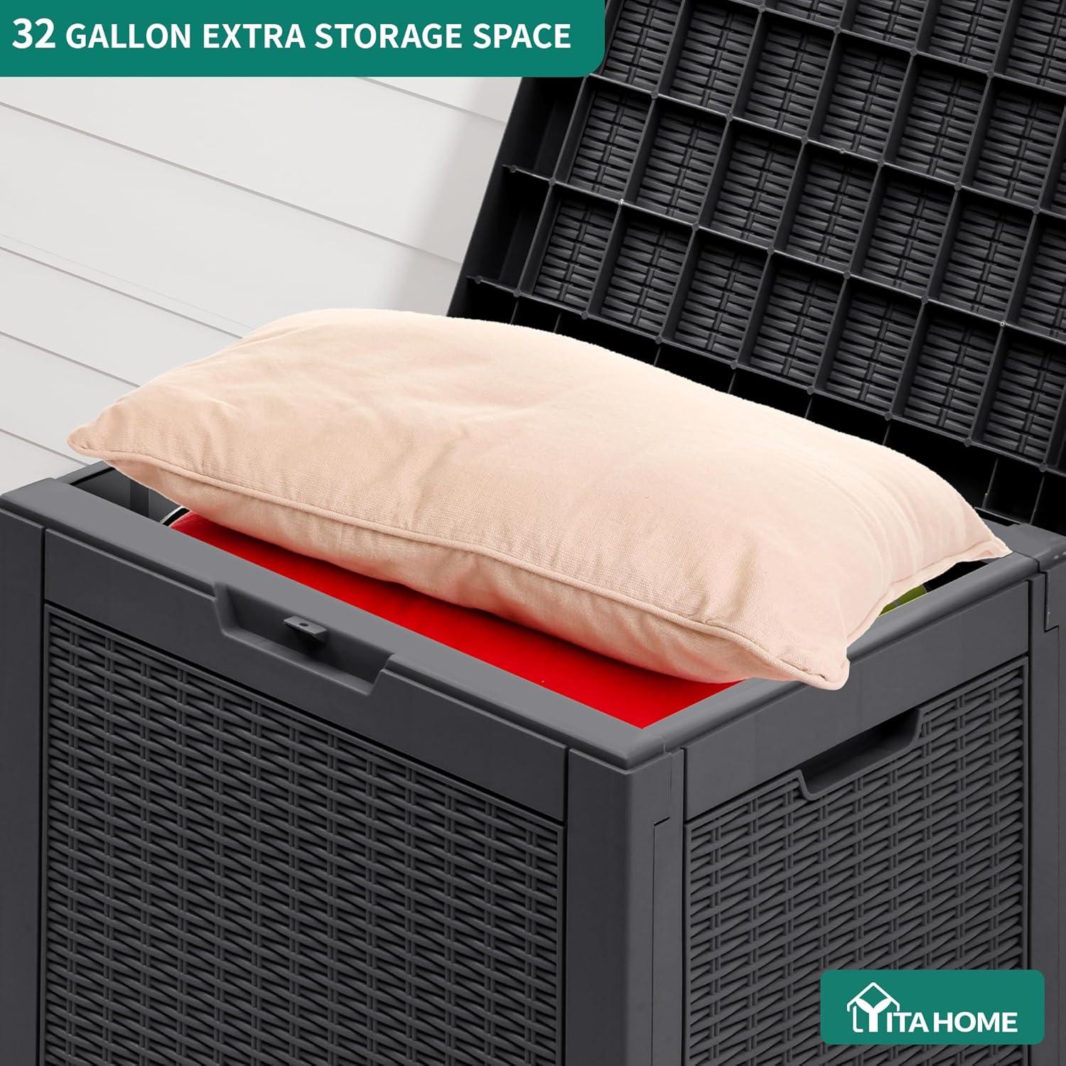 YITAHOME 32 Gallon Rattan Deck Box, Indoor Outdoor Storage Box for Patio Furniture, Pool Accessories, Cushions, Garden Tools, Sports Equipment, Waterproof Resin with Lockable Lid & Side Handles, Black