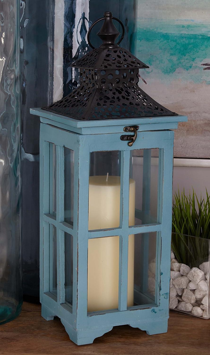 Coastal Blue Wood & Glass Hanging Candle Lantern Set