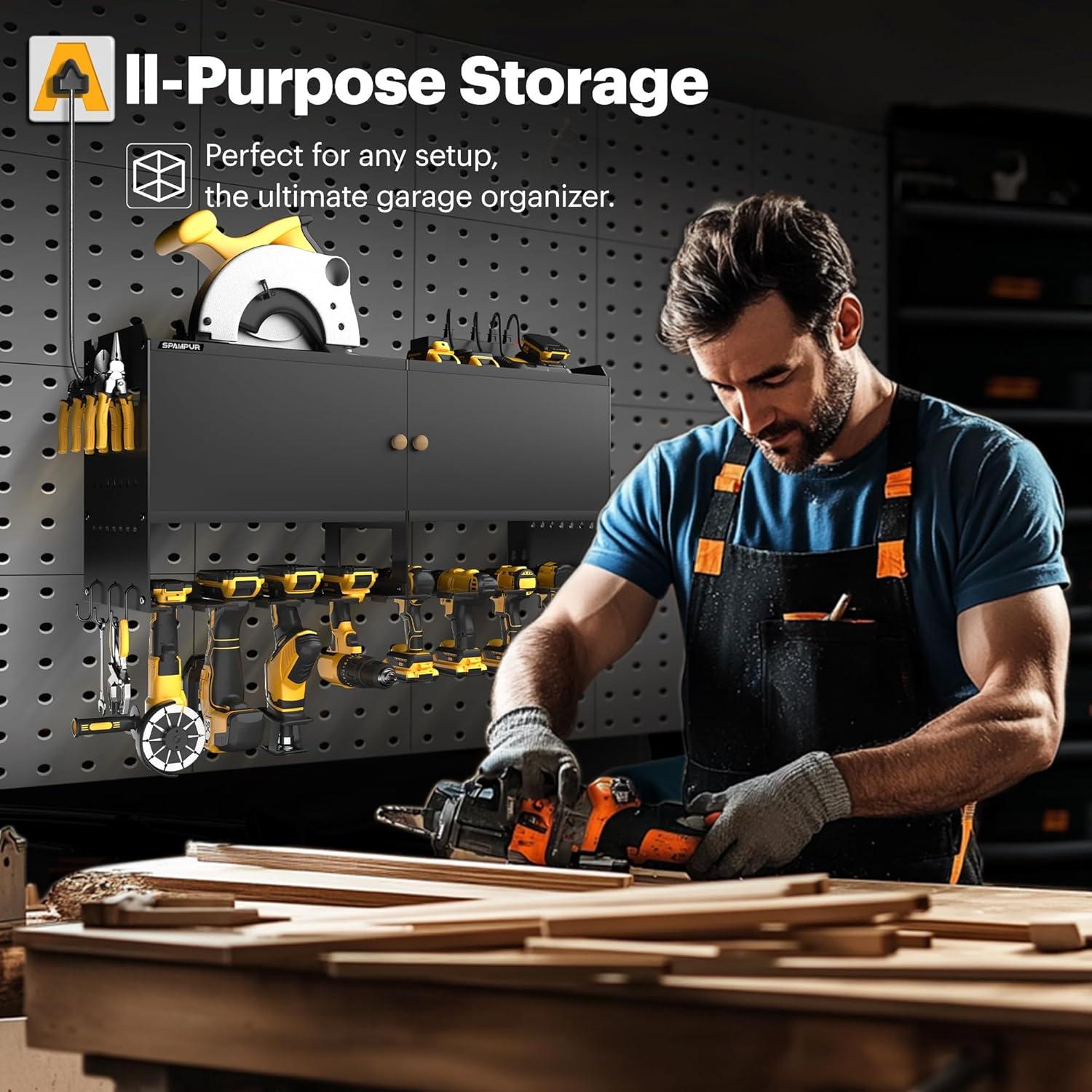 Spampur Power Tool Organizer Wall Mount with Charging Station, Garage Tool Shelf 6 Drill Holders, Tool Battery Holder with Plier holder Heavy Duty Rack, Tool Storage Rack with 4 Outlet Power Strip