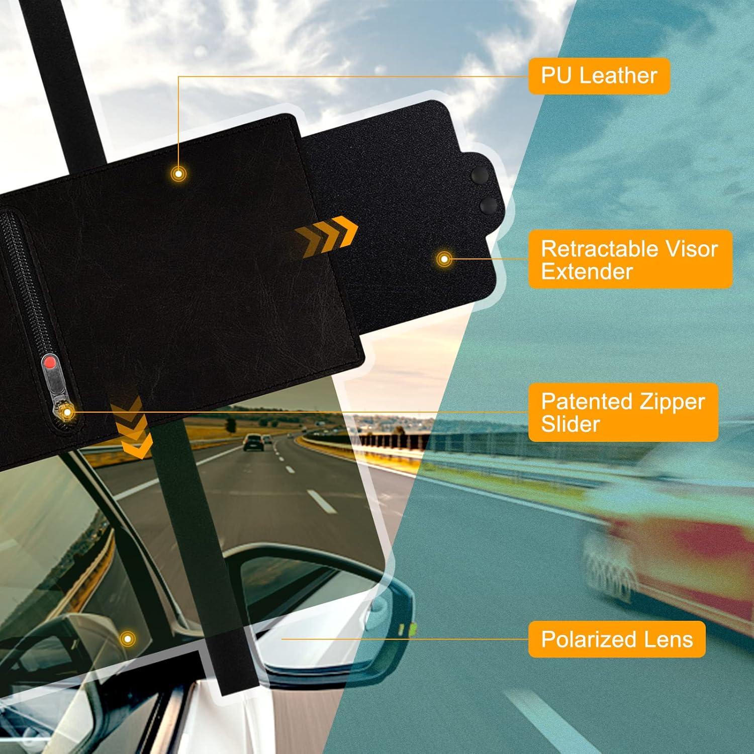 Car Visor Extender, Polarized Sun Visor Extender with Zipper, One Pull Down Sunshade & One Side Shade Sun Block Piece for Protection from Sun Glare, UV Rays, Universal for Most Cars (2 Pack)