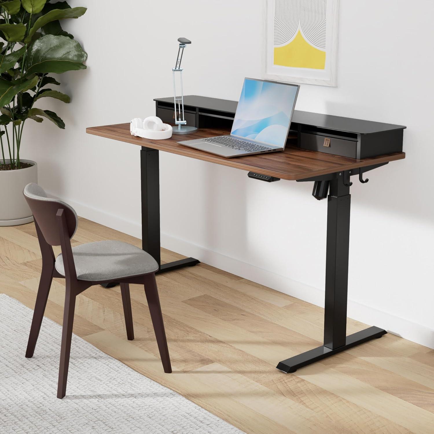 FEZIBO 55 x 24 Inch Height Adjustable Electric Standing Desk with Double Drawer, Sit Stand Desk, Black Walnut