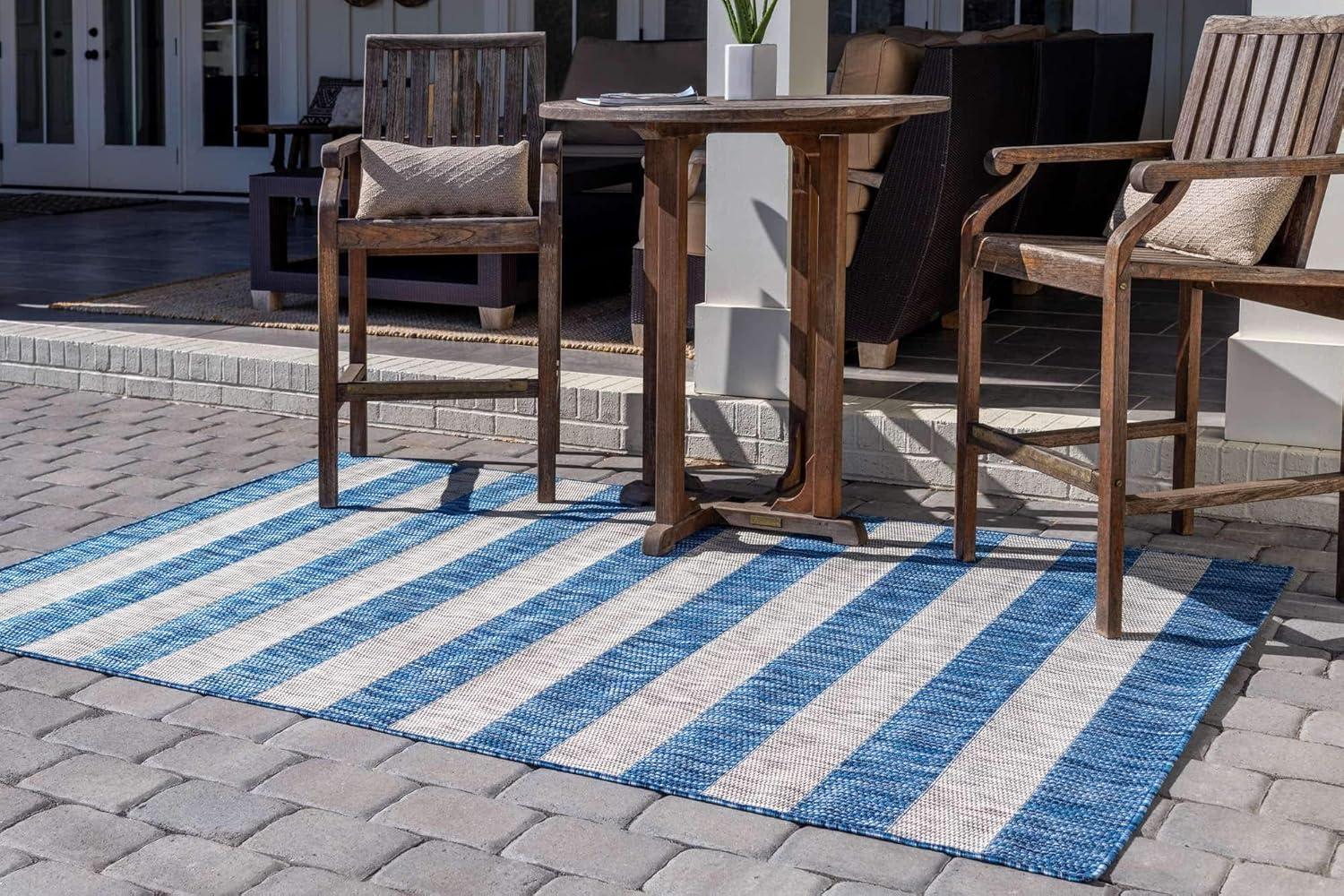 Coastal Breeze Blue and Ivory Stripe 6' x 9' Easy-Care Outdoor Rug