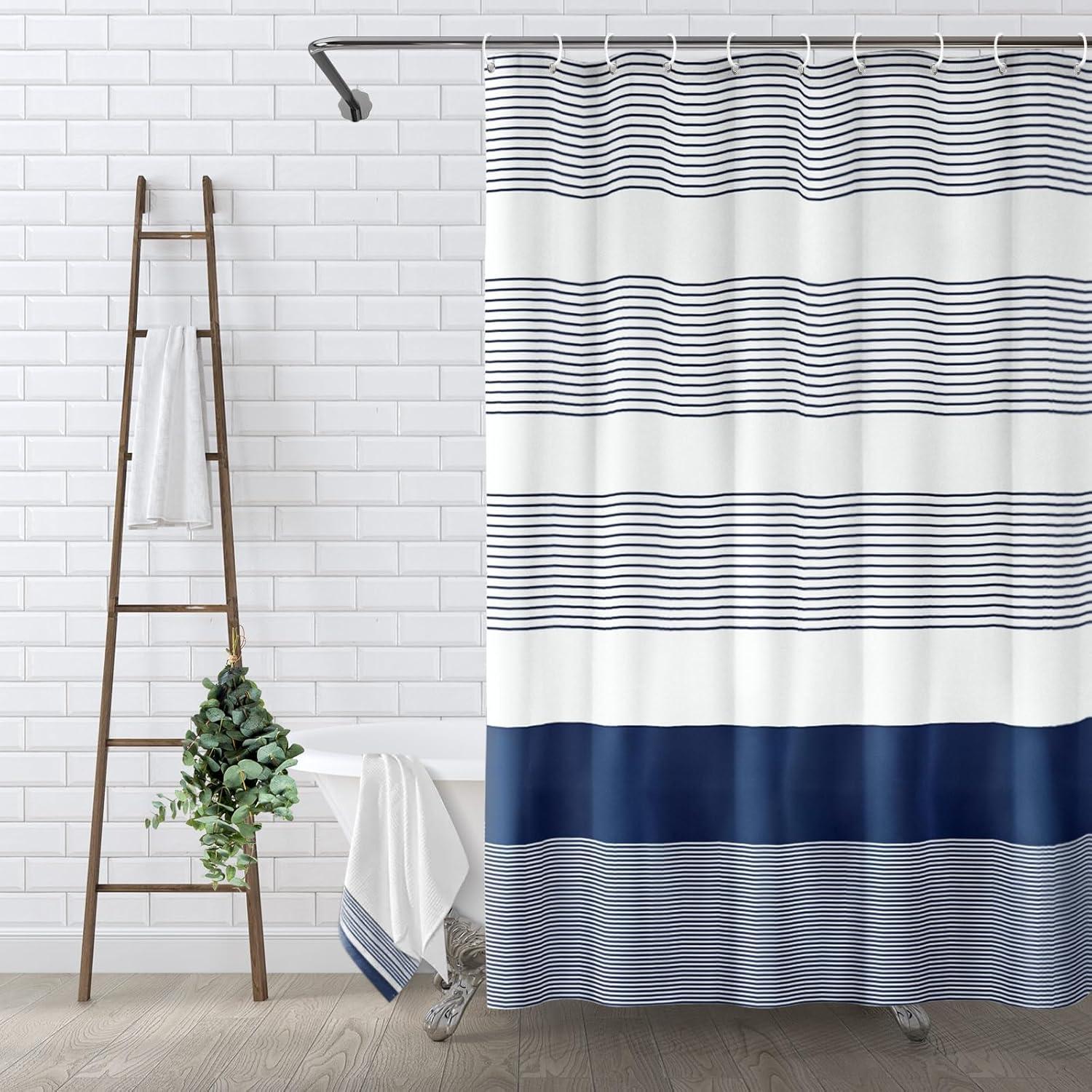 bufftieo Navy Blue and White Shower Curtain for Bathroom Boho Striped Fabric Modern Farmhouse Tassel Shower Curtain Sets - 72" x 72"