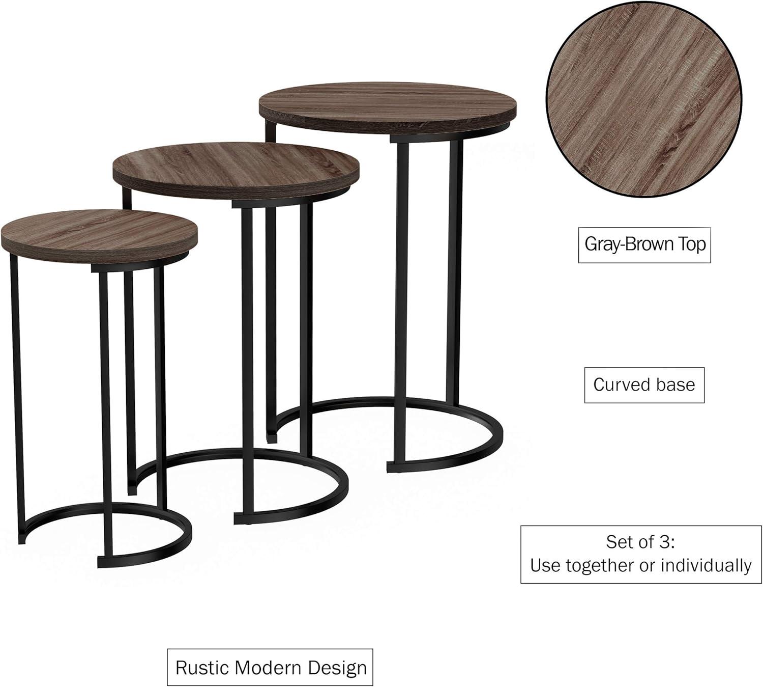 Set of 3 Round Living Room Nesting or End Tables with Black Metal Base, Gray-Brown