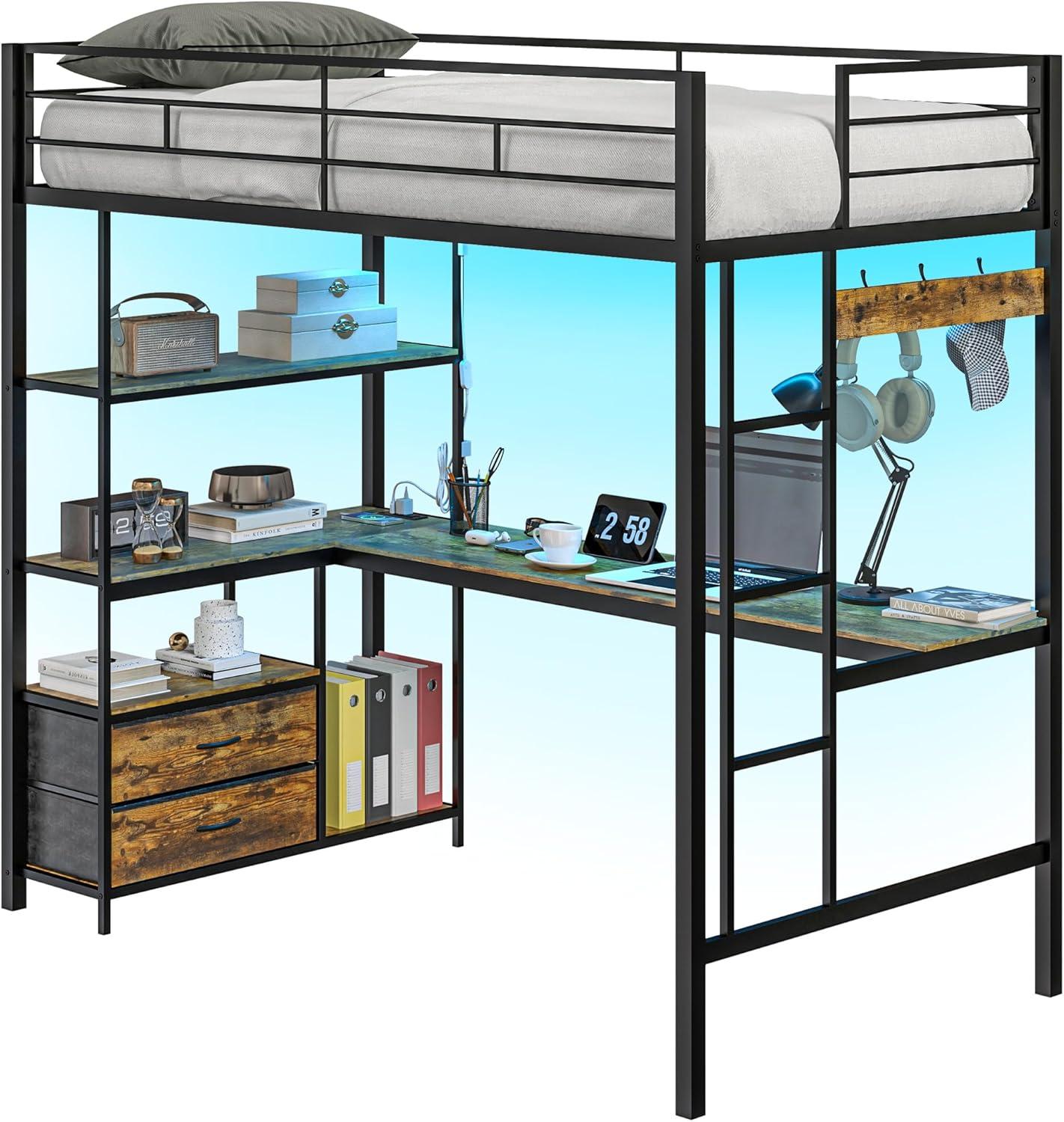 HOMCOM Twin Loft Bed with Desk, LED Lights, Charging Station, Twin Size Metal Loft Bed Frame with Safety Guardrail, Ladder, Noise Free, Black