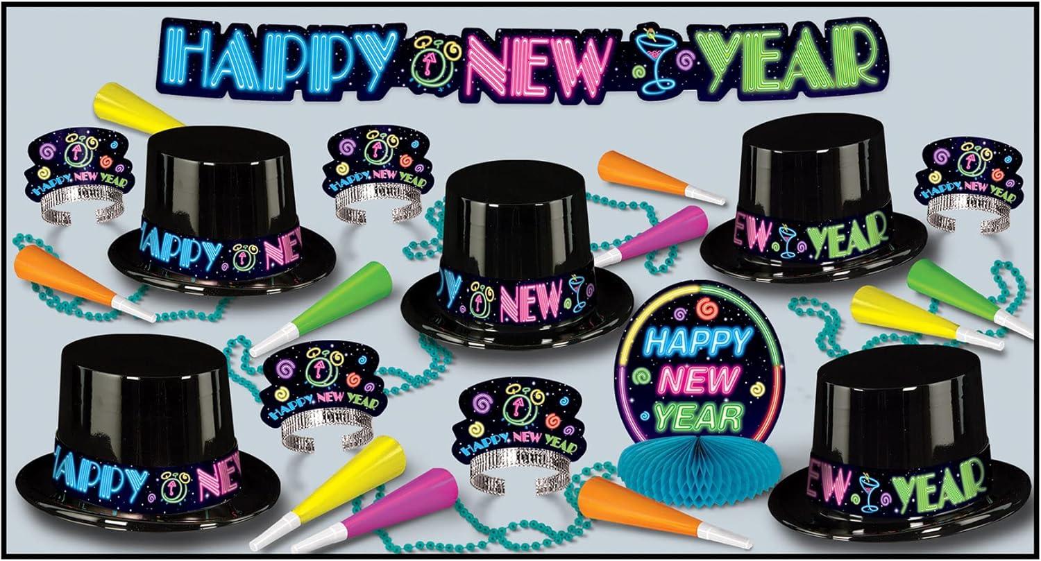 Neon New Year's Party Kit for 10 with Hats and Horns