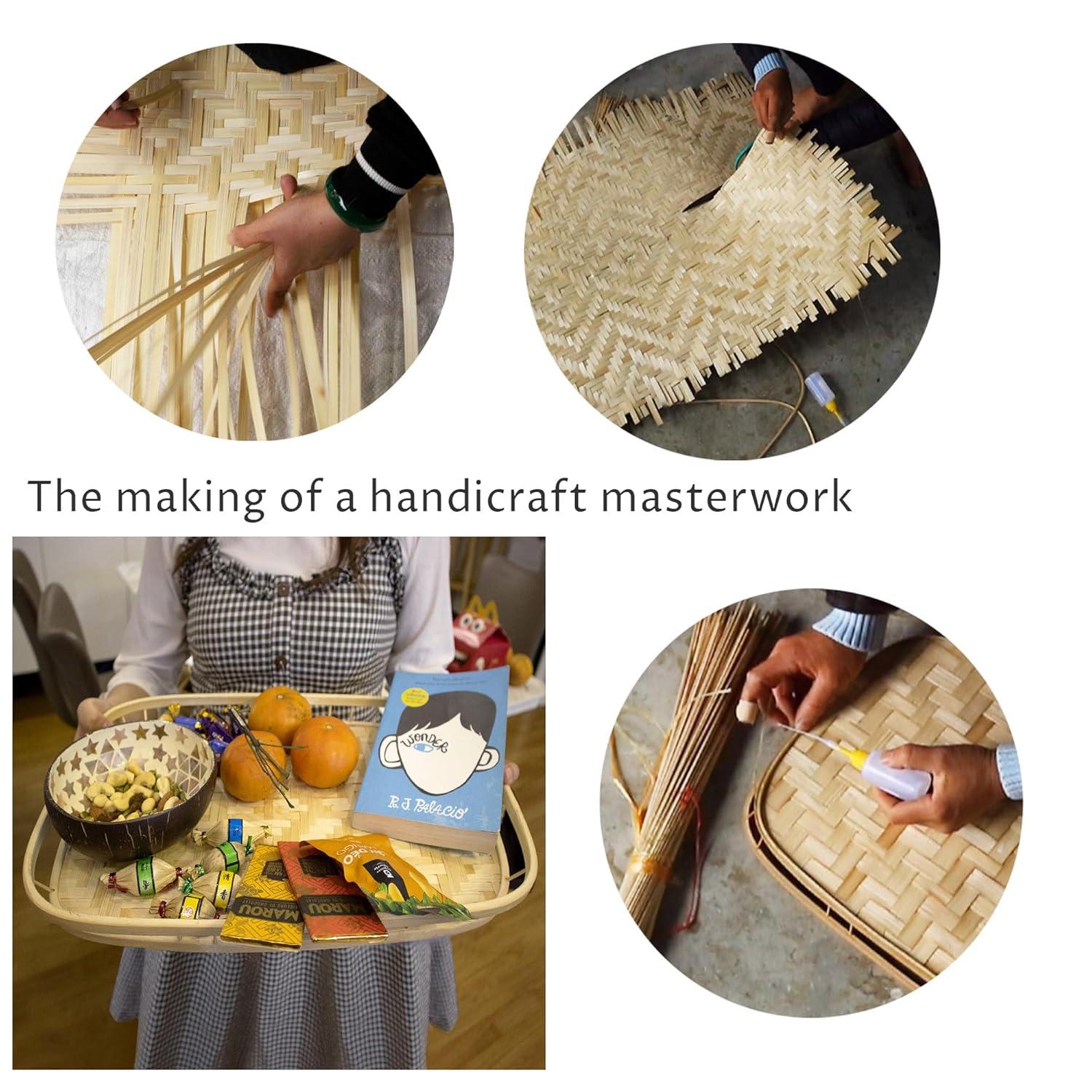 PEMAR Set of 4 Bamboo Wicker Serving Trays for Foods & Drinks, Rectangular Breakfast Lap Trays with Handles Wooden Decorative Platters for Coffee Table, Bed Eating