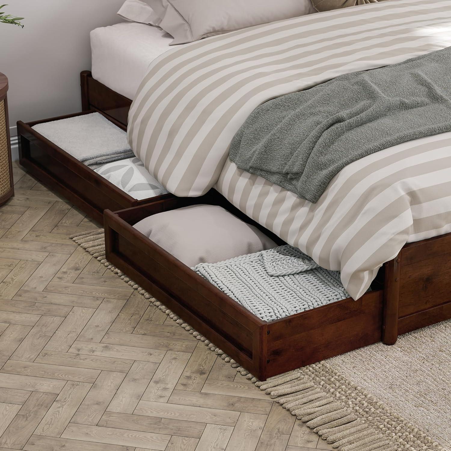 Barcelona King Solid Wood Panel Platform Bed with Storage Drawers in Walnut