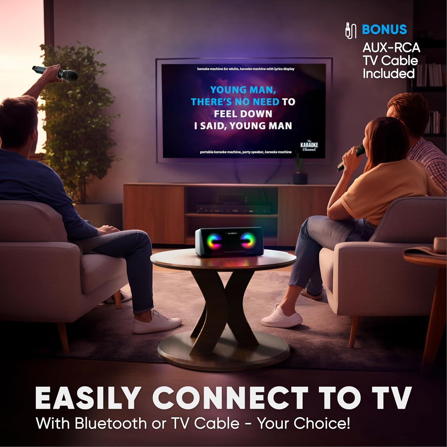 MASINGO Karaoke Machine for Adults and Kids with 2 Wireless Microphones, Portable Bluetooth Singing Speaker, Colorful LED Lights, PA System, Lyrics Display Holder & TV Cable - Presto G2 (Black)