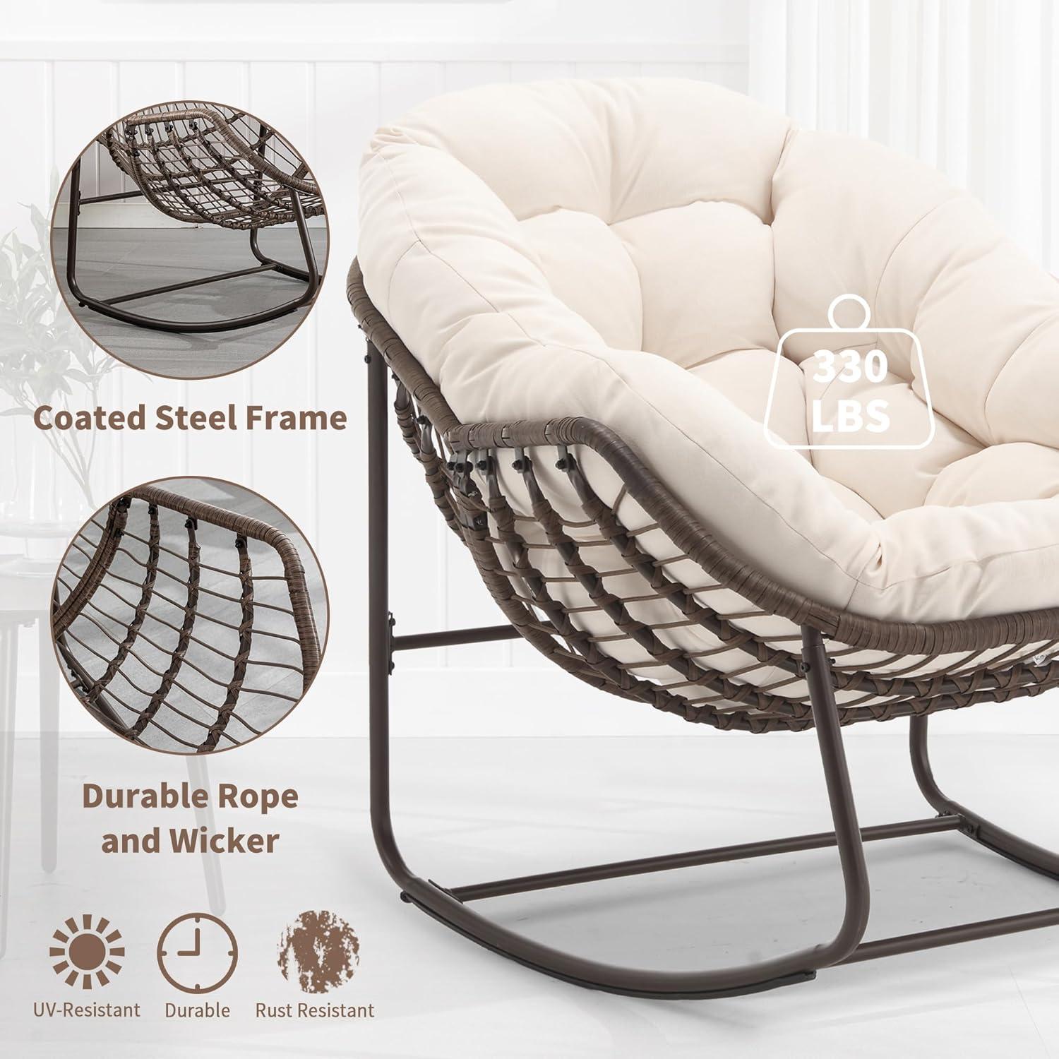 Outdoor Papasan Rocking Chair - Oversized Comfy Patio Chair Set of 2 Indoor Egg Royal Double Rattan Rocking Chair with Cushion for Front Porch Lounge Lawn Bedroom (Cream)