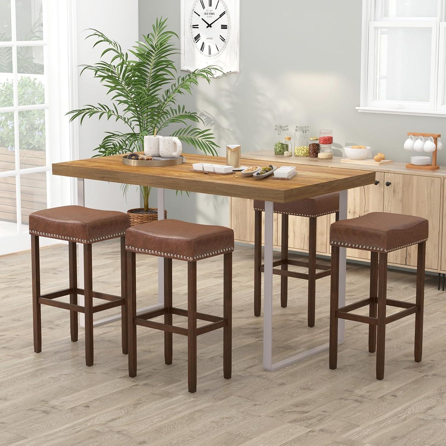 Spaco Upholstered Bar Stools Set of 2 with Footrests for Counter-Brown, Bar Height Stools, Counter Height Bar Stools for Kitchen, Dining Room
