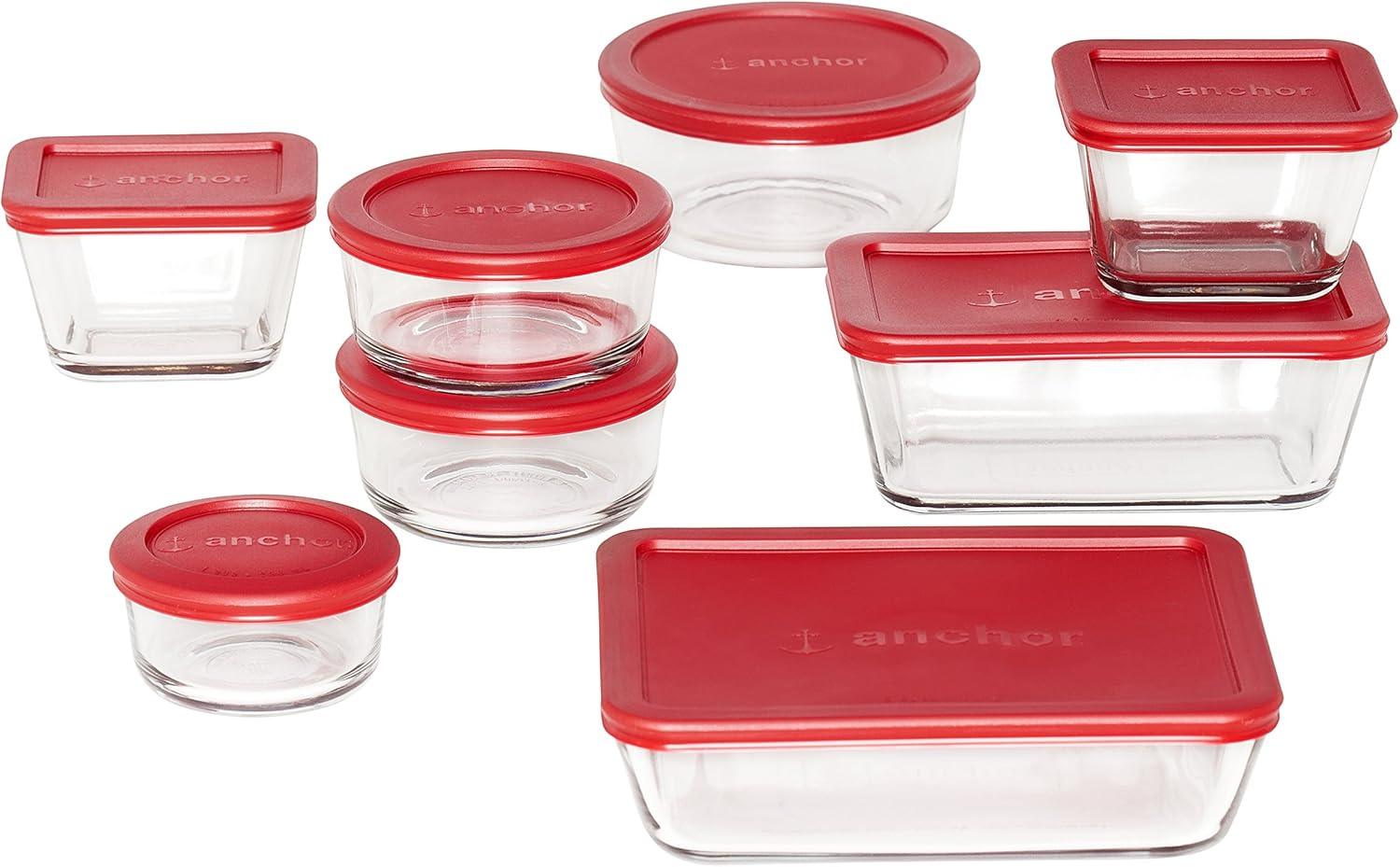 16-Piece Red Glass Food Storage Container Set