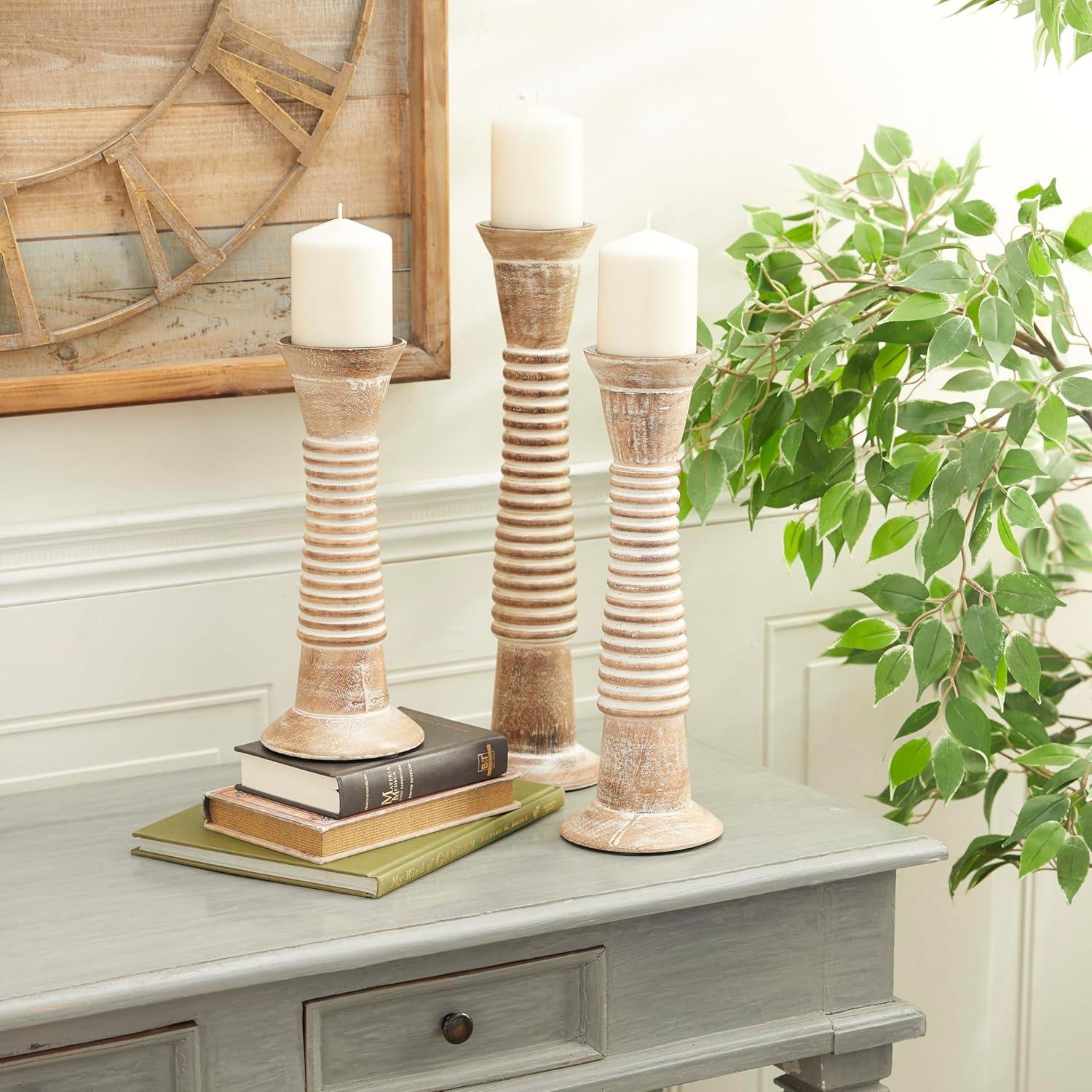 Elegant Rustic Wood Pillar Candlestick Trio, 18" Height