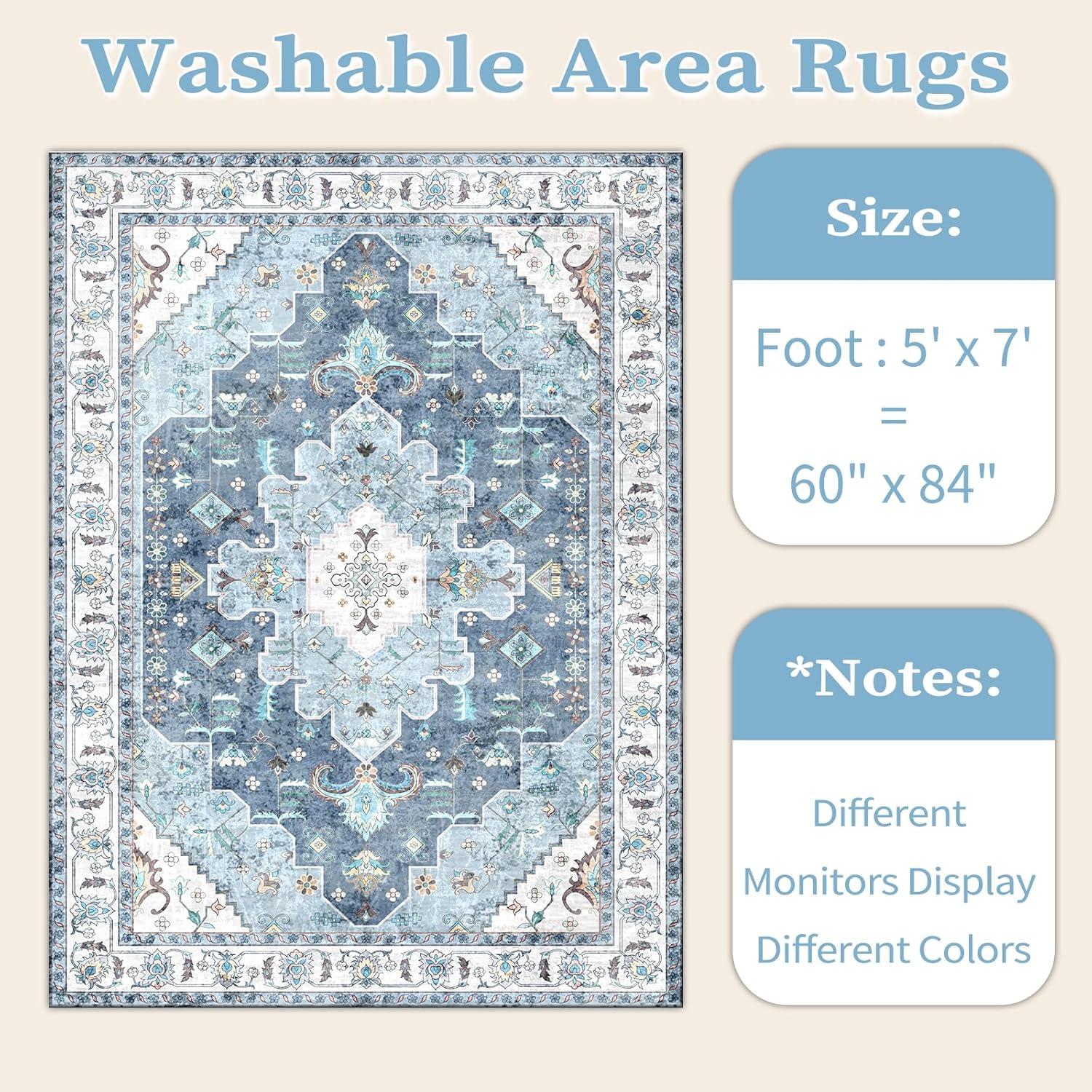 Wonnitar 5'x7' Area Rugs for Living Room Boho Tribal Washable Bedroom Rugs Large Soft Dining Room Mat Non Slip Indoor Carpet for Dorm Kitchen Nursery Dining Bedroom,Blue
