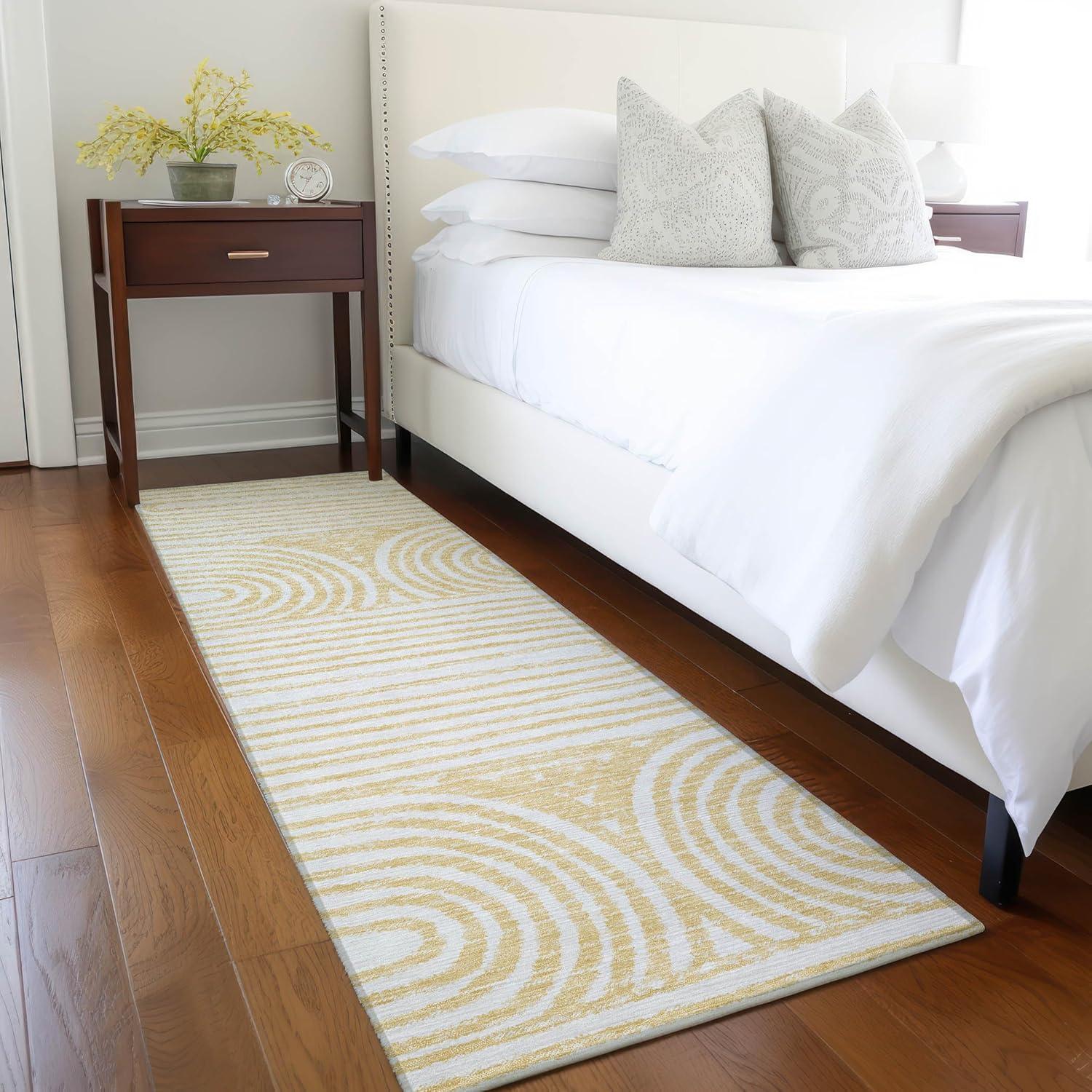 Gold and White Striped Synthetic Washable Runner Rug