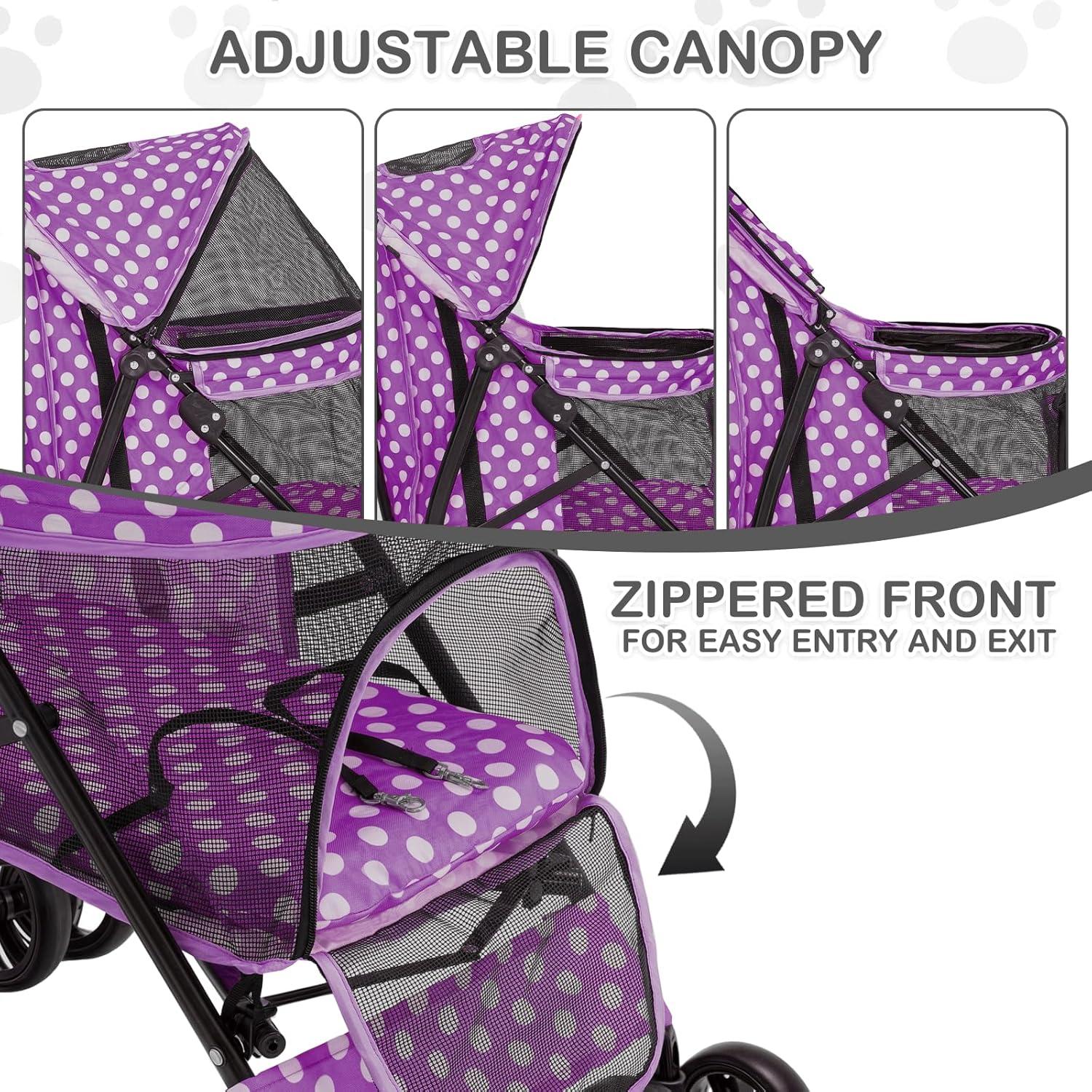 Magshion Foldable Lightweight Pet Trolley for Pet Cats & Dogs, 4 Wheel, Purple with White Polka Dots
