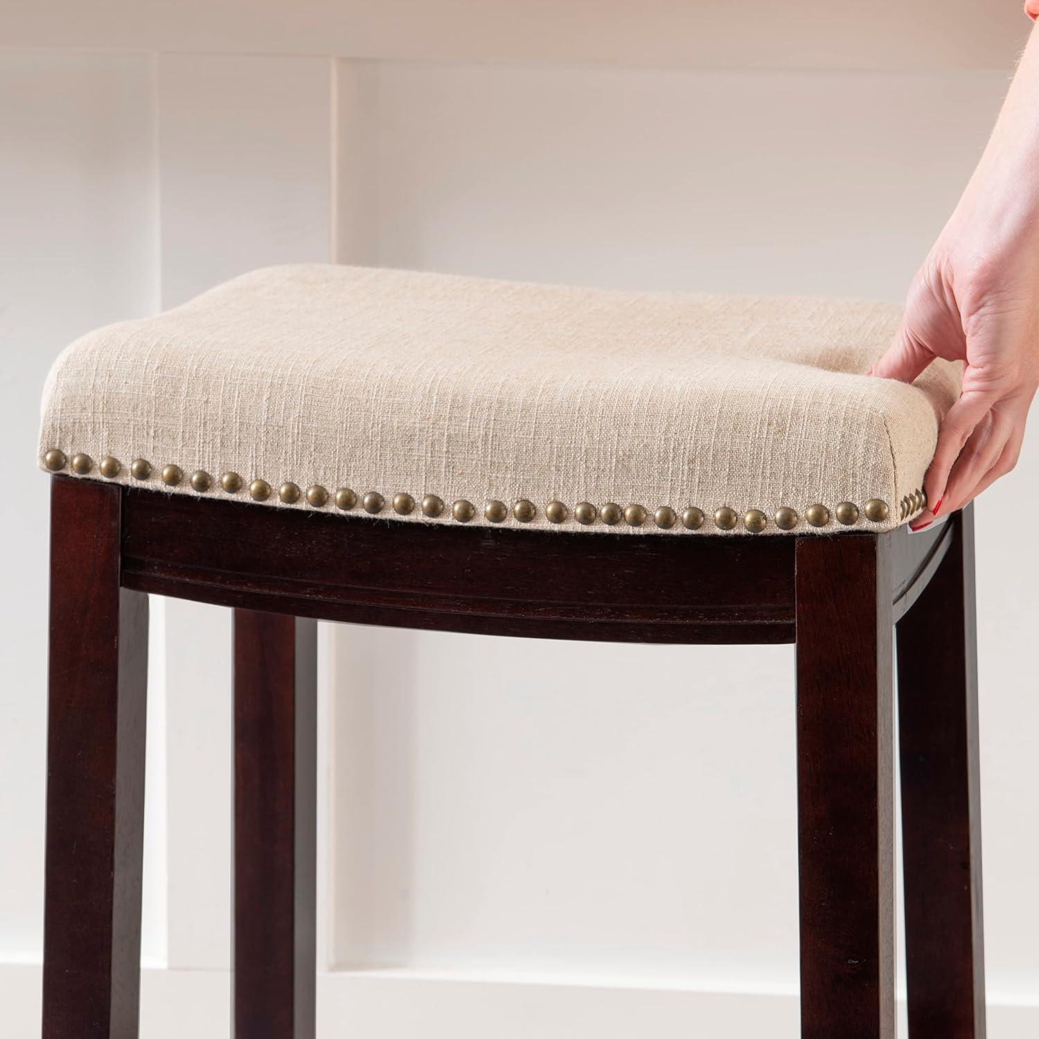 Linon Claridge Backless Wood Counter Stool, 26" Seat Height, Dark Walnut Finish with Beige Linen Fabric