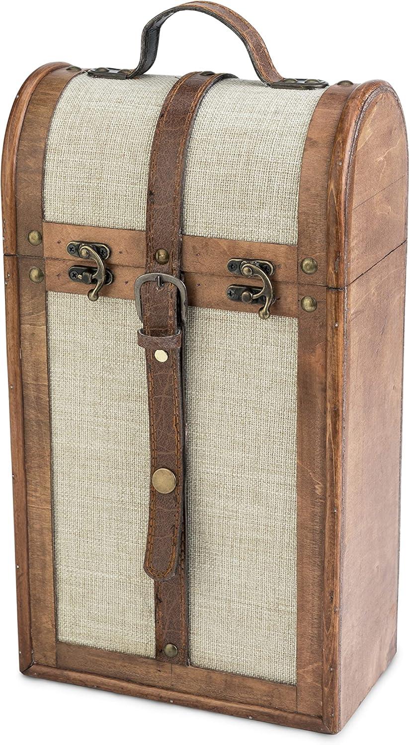 Twine Vintage Trunk Wine Bottle Gift Box, Wood Wine Box with Lid and Handle, Holds 2 Bottles, Wood, Faux Leather, Brass, Cloth
