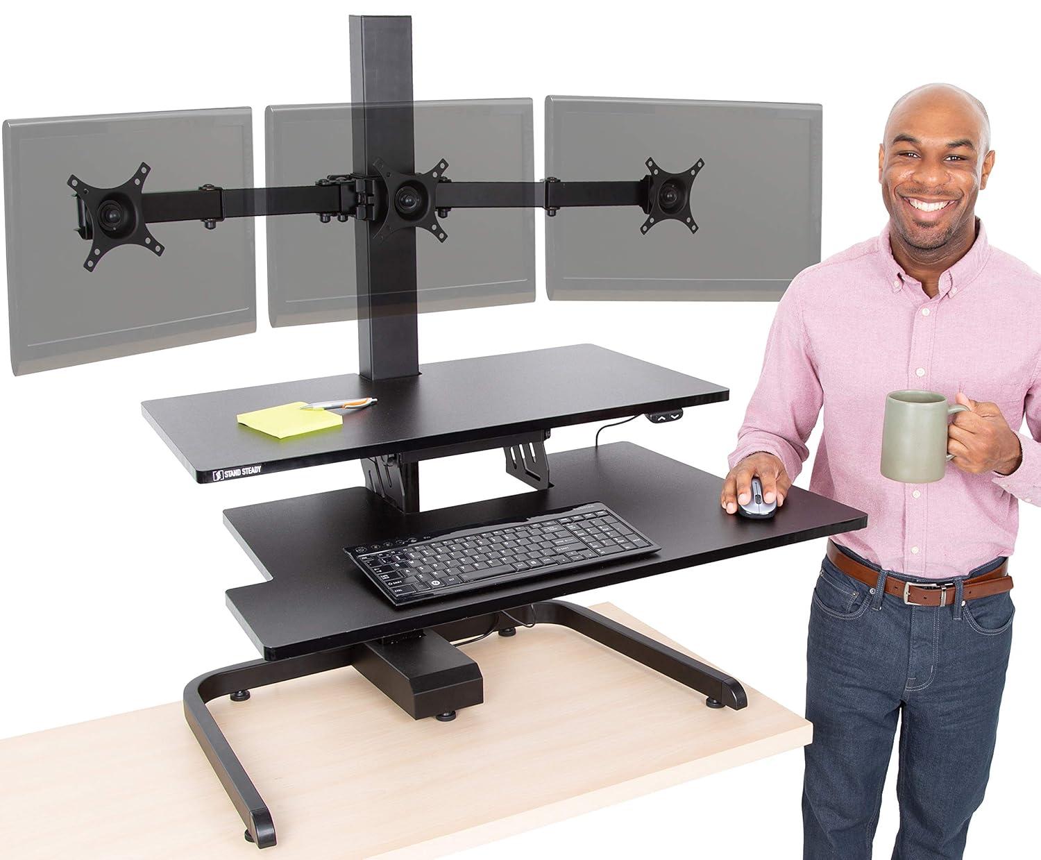 Techtonic Electric 3 Arm Monitor Mount Standing Desk - Sit to Stand Desk Converter with Keyboard Tray – Black – Stand Steady