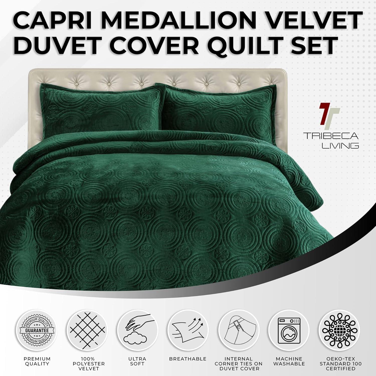 2pc Twin Capri Medallion Velvet Oversized Solid Quilt Set Teal - Tribeca Living