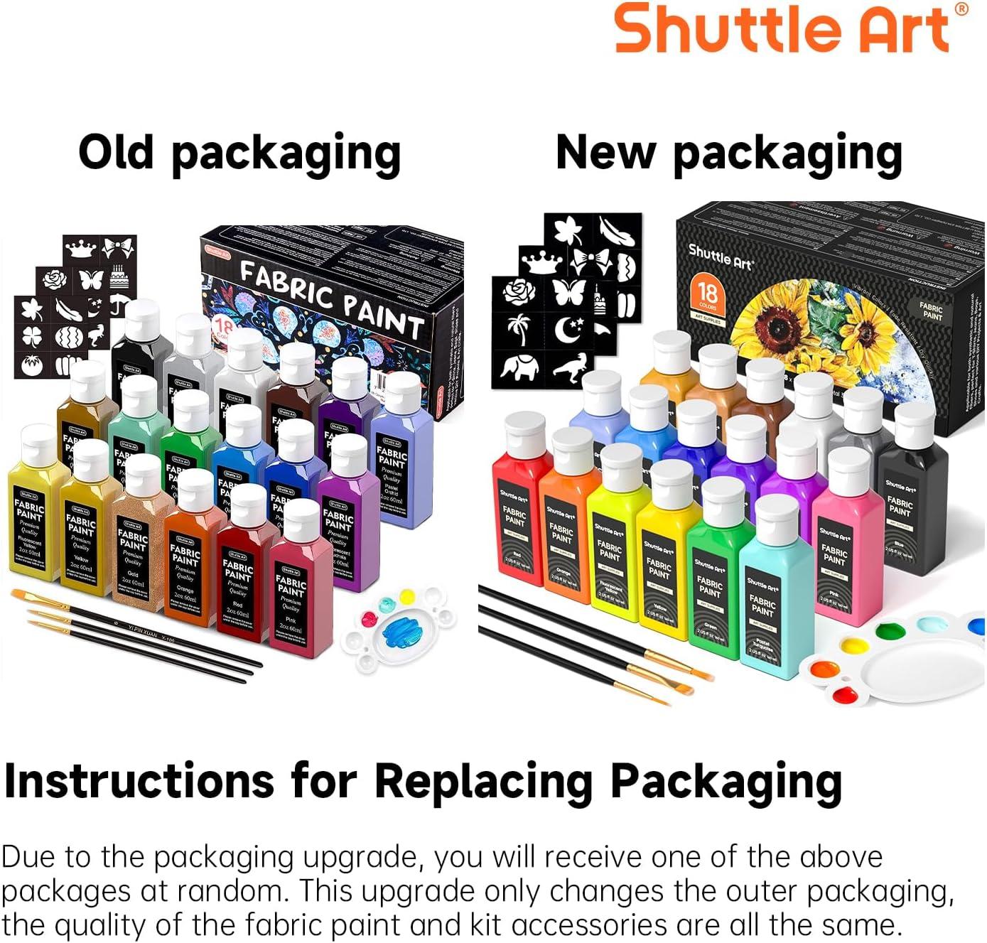Metallic Fabric Paint, Shuttle Art 18 Metallic Colors Permanent Soft Fabric Paint in Bottles (60ml/2oz) with Brush and Stencils, Non-Toxic Textile Paint for T-shirts, Shoes, Jeans, Bags & DIY Projects