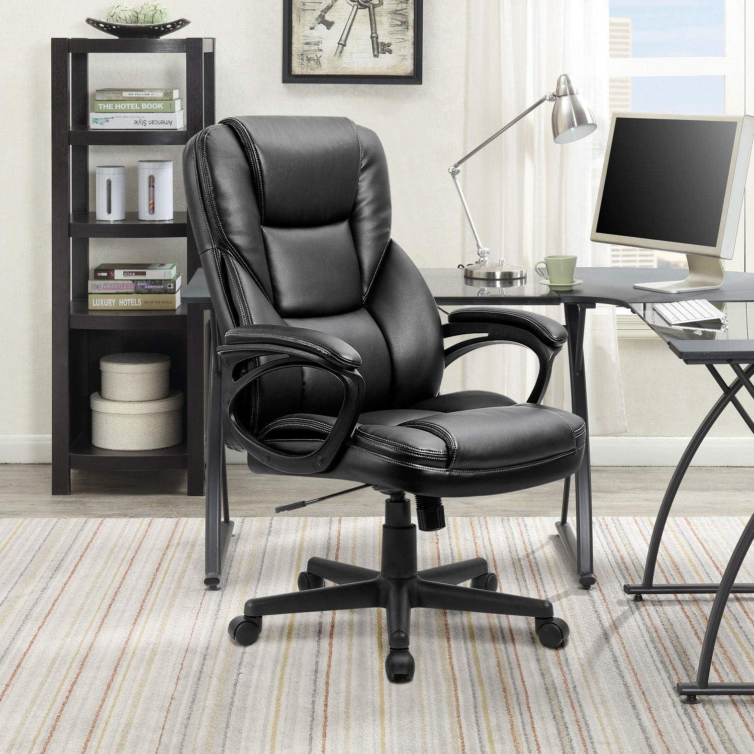 Office Executive Chair High Back Adjustable Managerial Home Desk Chair, Swivel Computer Leather Chair with Lumbar Support (Black)