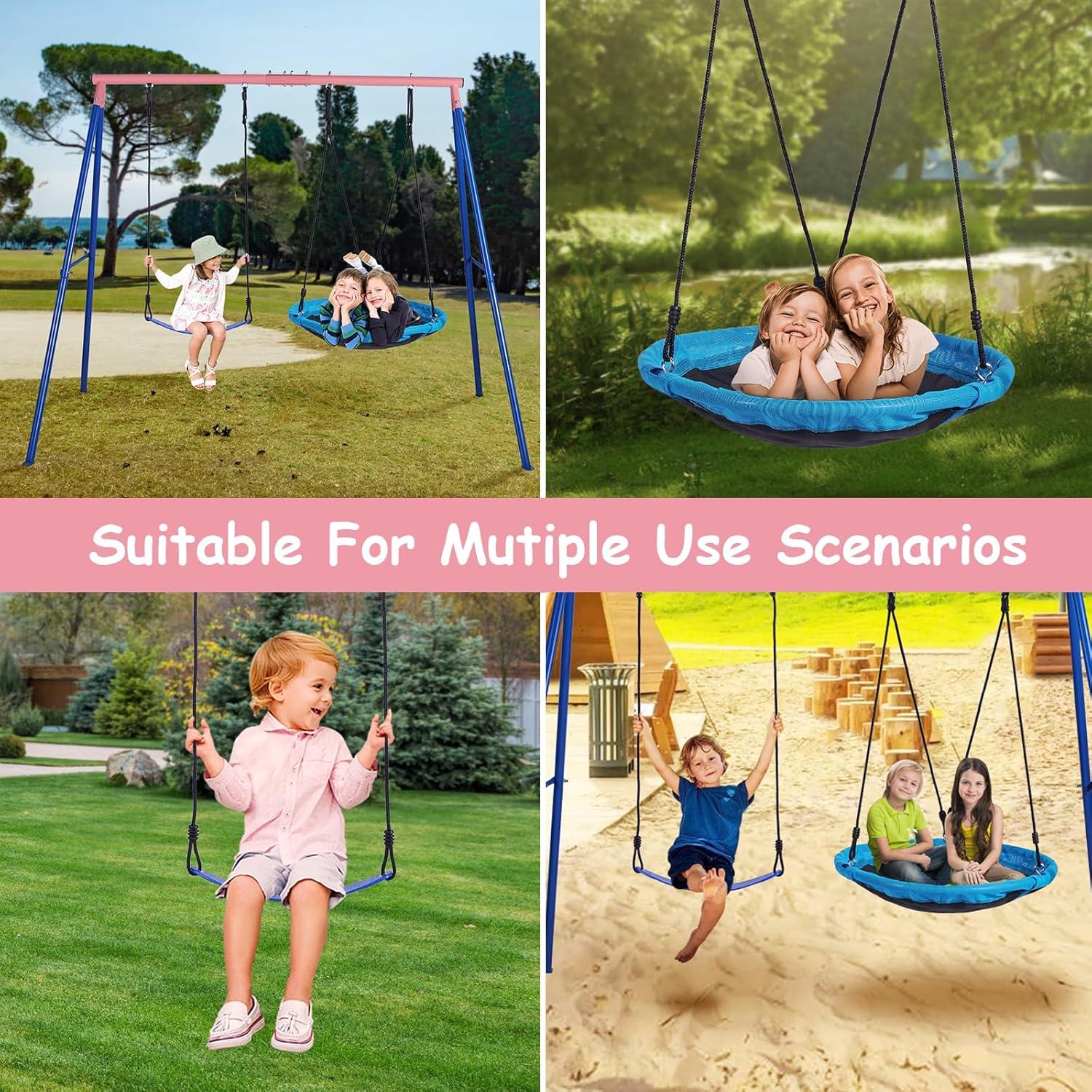 Outdoor Swings for Kids, 440lbs, Heavy-Duty A-Frame Metal Outdoor Swing Stand, 1 Saucer & 1 Belt Swing Seat for Playground, Backyard Blue