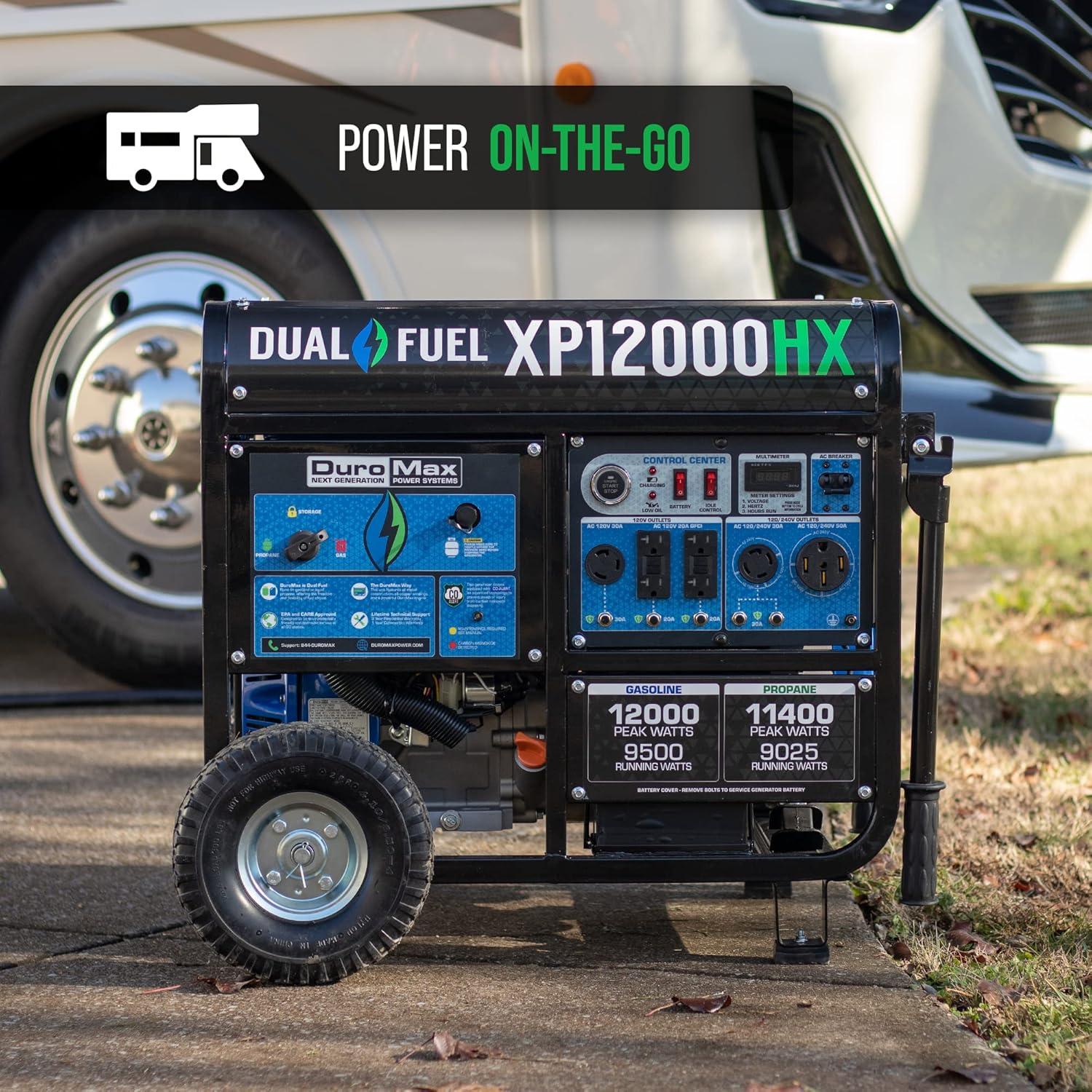 DuroMax XP12000HX 12,000-Watt Dual Fuel Portable Generator - Gas & Propane, Electric Start, Whole Home Power Backup, Transfer Switch Ready, RV & Emergency Ready