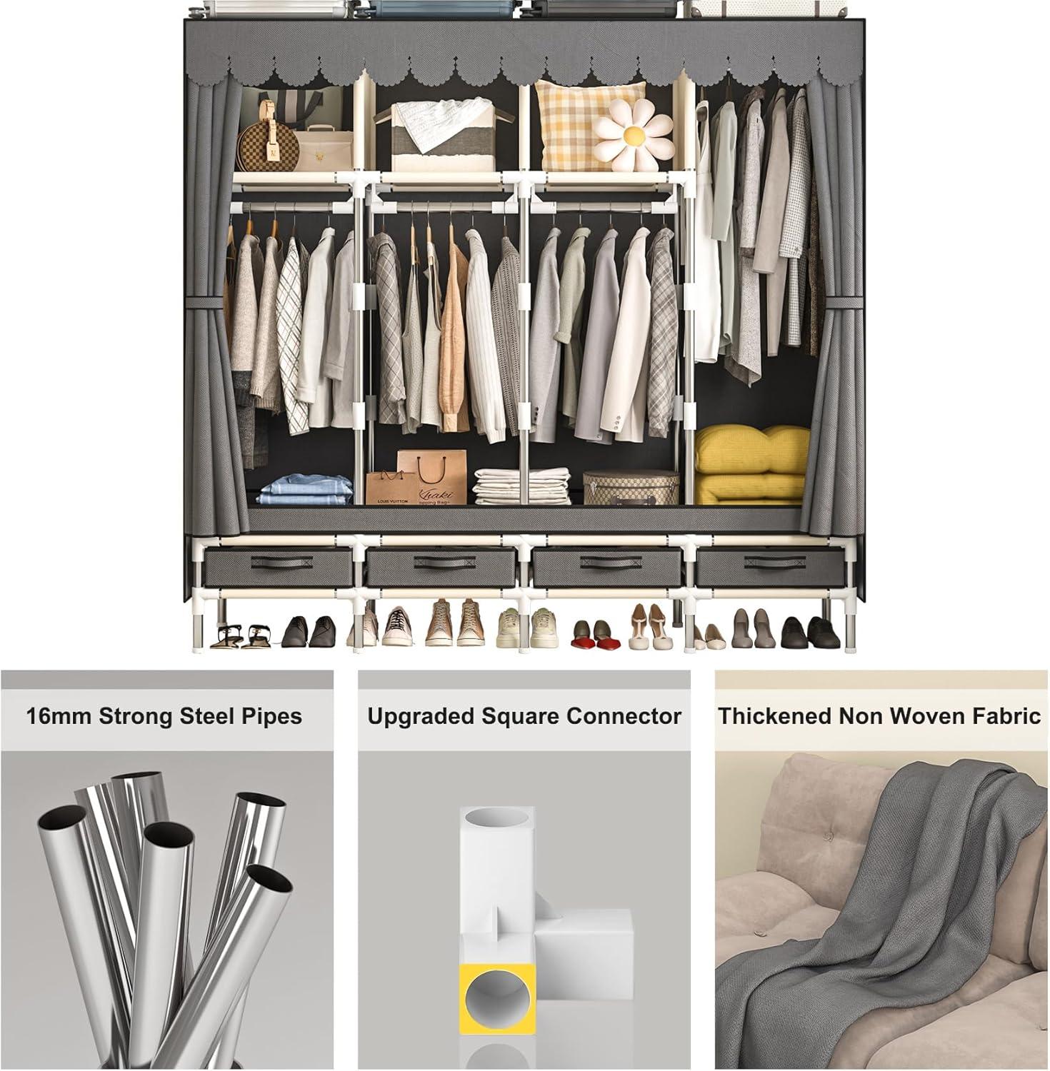 Large Portable Wardrobe with 4 Hanging Rods and Drawers, Armoire, Metal Storage Wardrobe Hangers, Upgraded Grey Non-Woven Dust Cover for Handing Closet,Large Closets for Bedroom