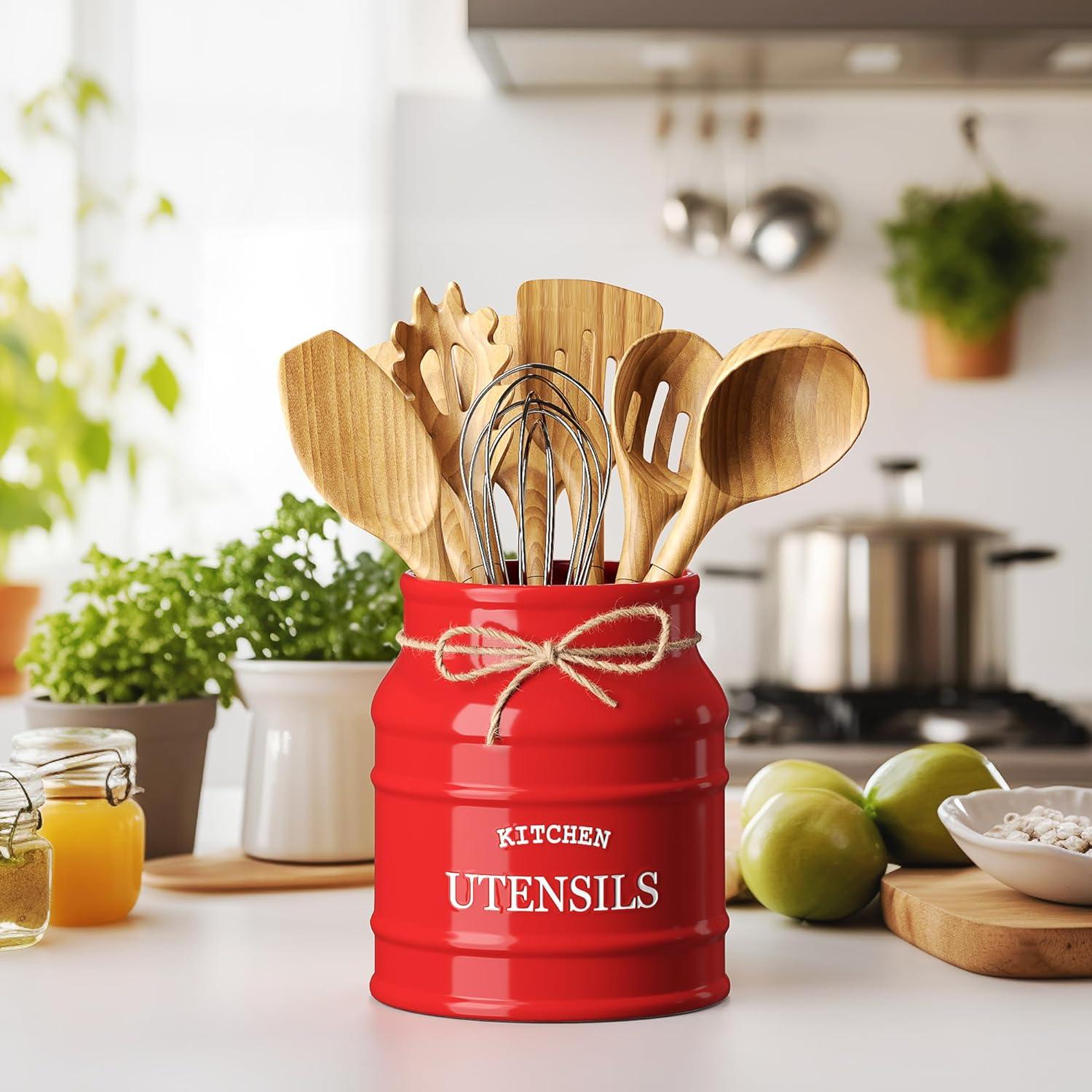 Anadea Ceramic Farmhouse Utensil Holder for Kitchen Counter, Large Rustic Utensil Crock