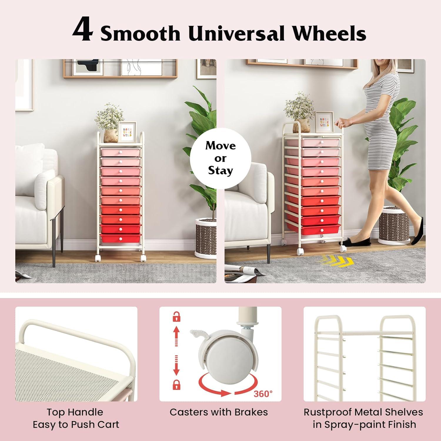 Giantex 10-Drawer Storage Cart w/Universal Wheel, Rolling Cart w/Handle, Home Organizer Storage Unit w/Removable Drawers, Trolley Utility Cart for Kitchen Makeup Living Room Office Play Room