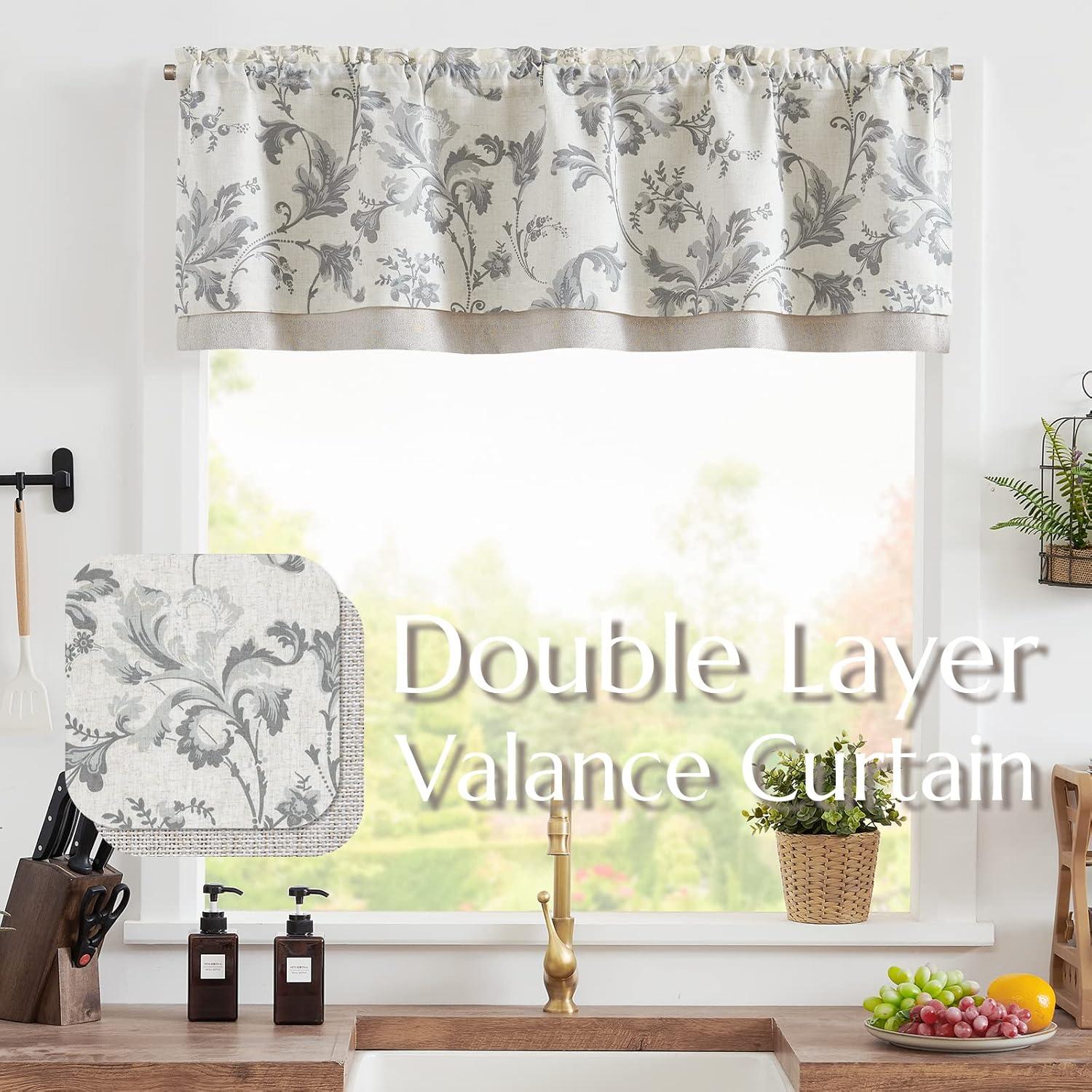 jinchan Linen Valance Curtain Farmhouse Window Decor Gray Floral Print for Kitchen Living Room Double Layer Blackout Valance 16 Inches Rustic Window Treatment 1 Panel Rod Pocket Grey on Beige
