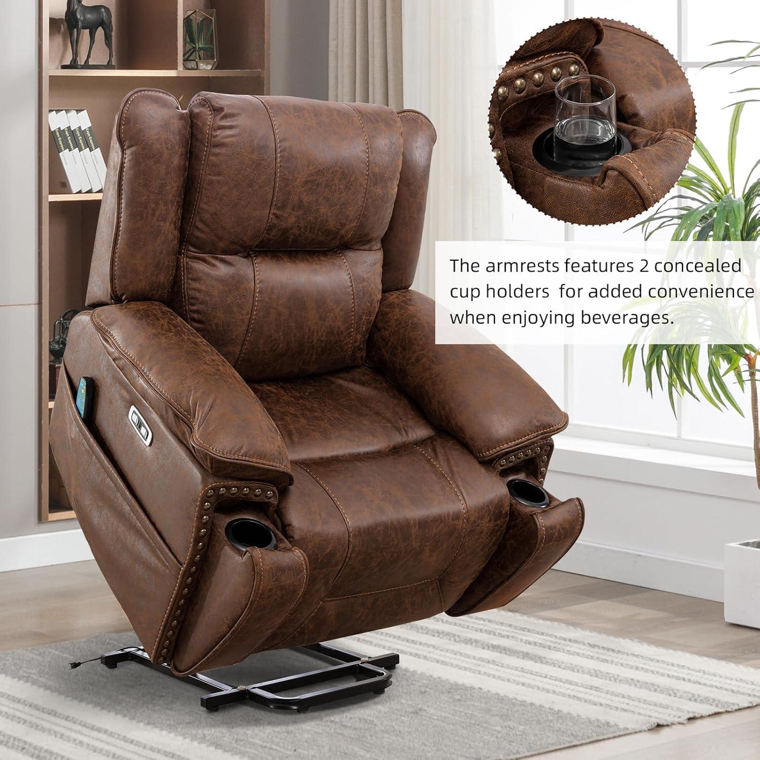 CANMOV Power Recliner Chair Electric Home Theater Seating Soft Leather Movie Chair for Living Room Overstuffed Single Reclining Sofa with Hidden Arm Storage, Cup Holders and USB Ports